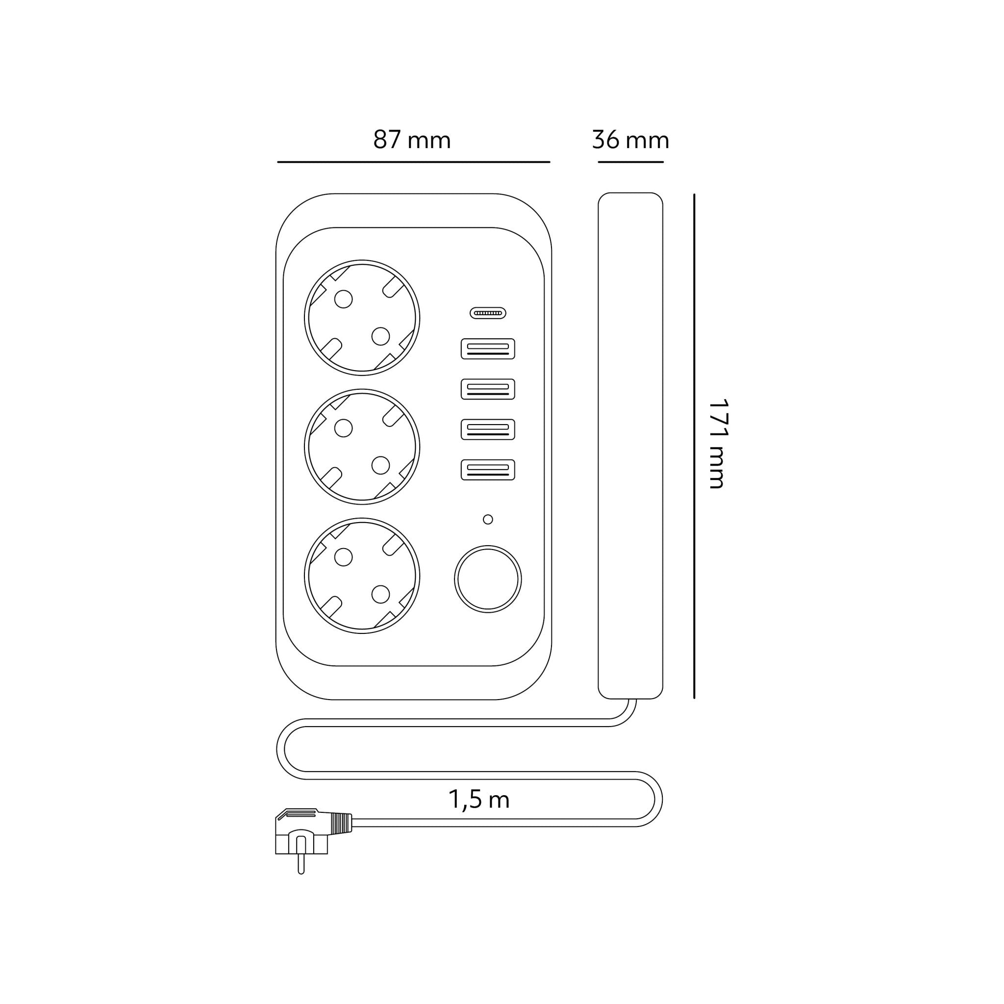 Przedłużacz Listwa Zasilająca 1,5m 3gn + 4x USB - A + USB - C Wyłącznik Czarny - LAITICA