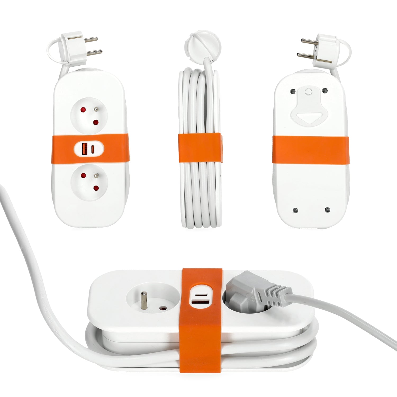 Przedłużacz z PŁASKĄ WTYCZKĄ 2 gniazda 1,4m Biały Listwa z Uziem. + 2x USB - LAITICA