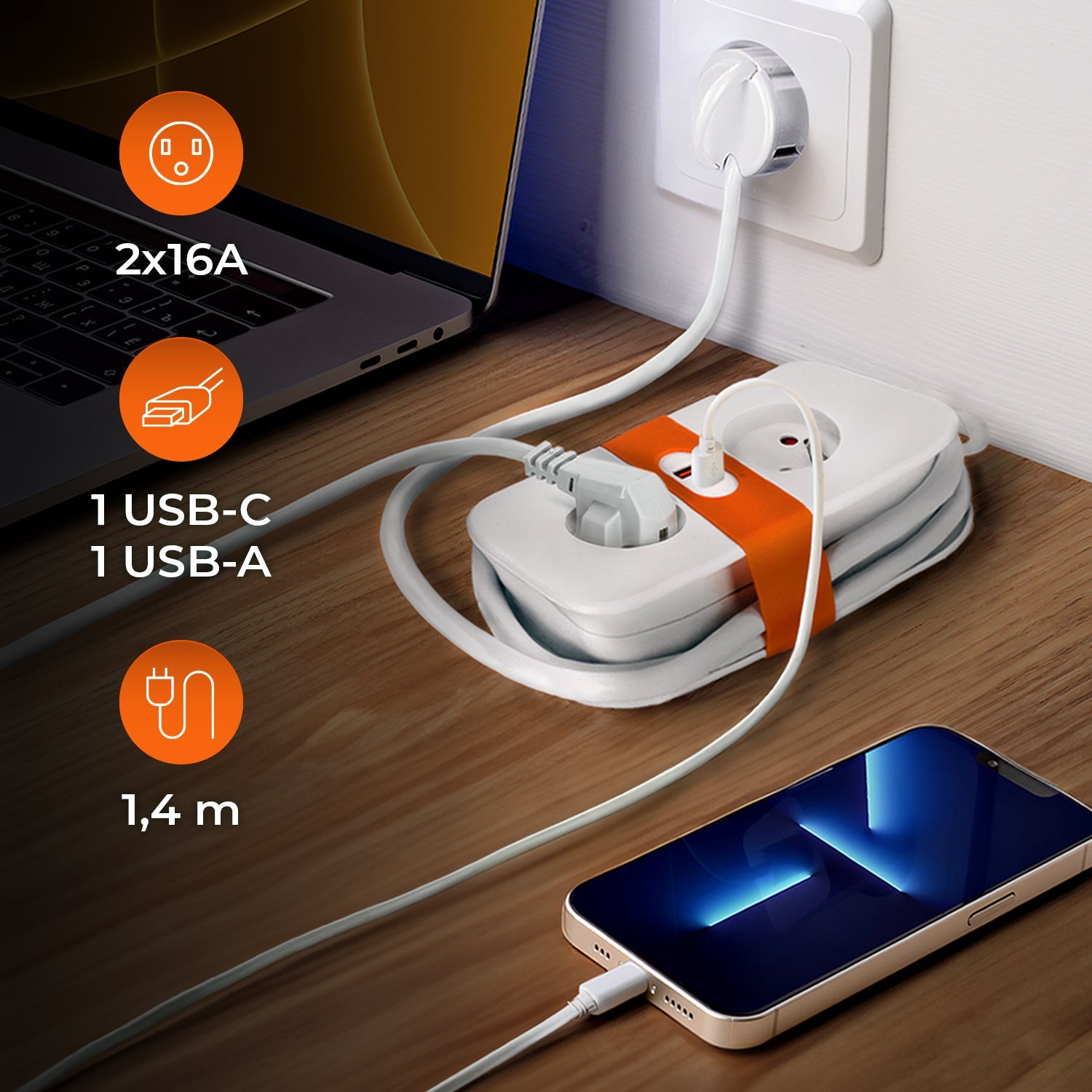 Przedłużacz z PŁASKĄ WTYCZKĄ 2 gniazda 1,4m Biały Listwa z Uziem. + 2x USB - LAITICA