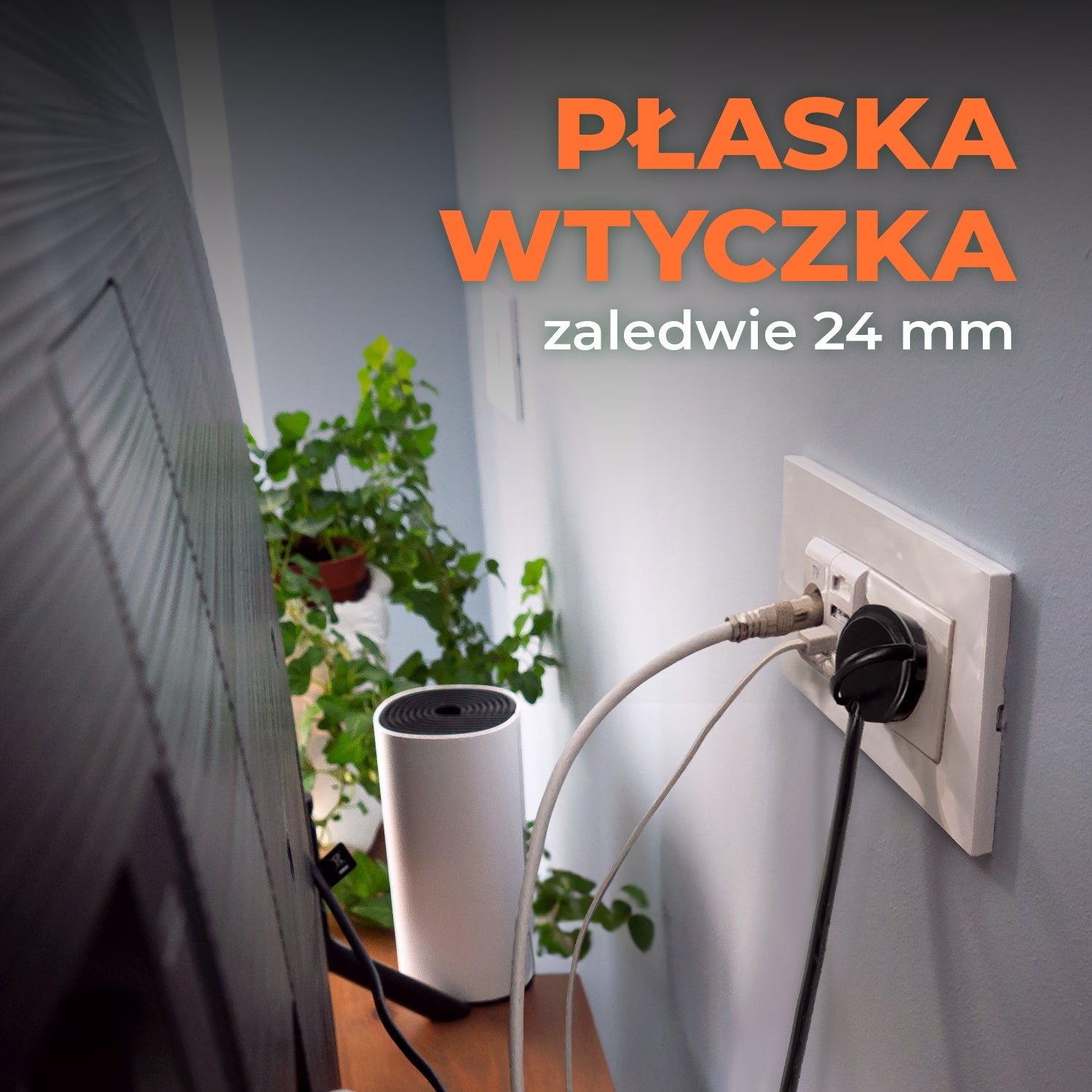 Przedłużacz z PŁASKĄ WTYCZKĄ 2 gniazda 1,4m Czarny Listwa z Uziem. + 2x USB - LAITICA