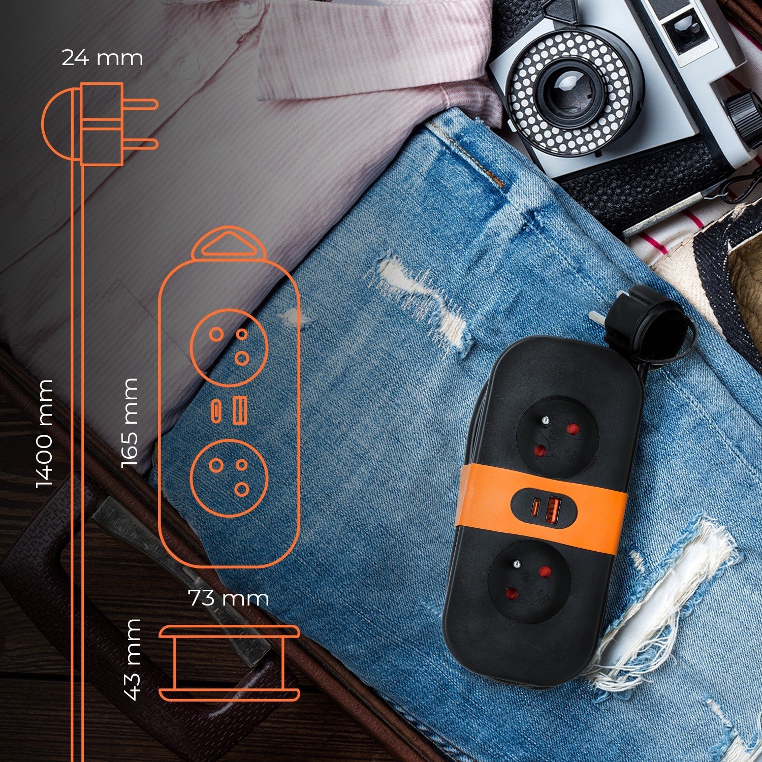 Przedłużacz z PŁASKĄ WTYCZKĄ 2 gniazda 1,4m Czarny Listwa z Uziem. + 2x USB - LAITICA