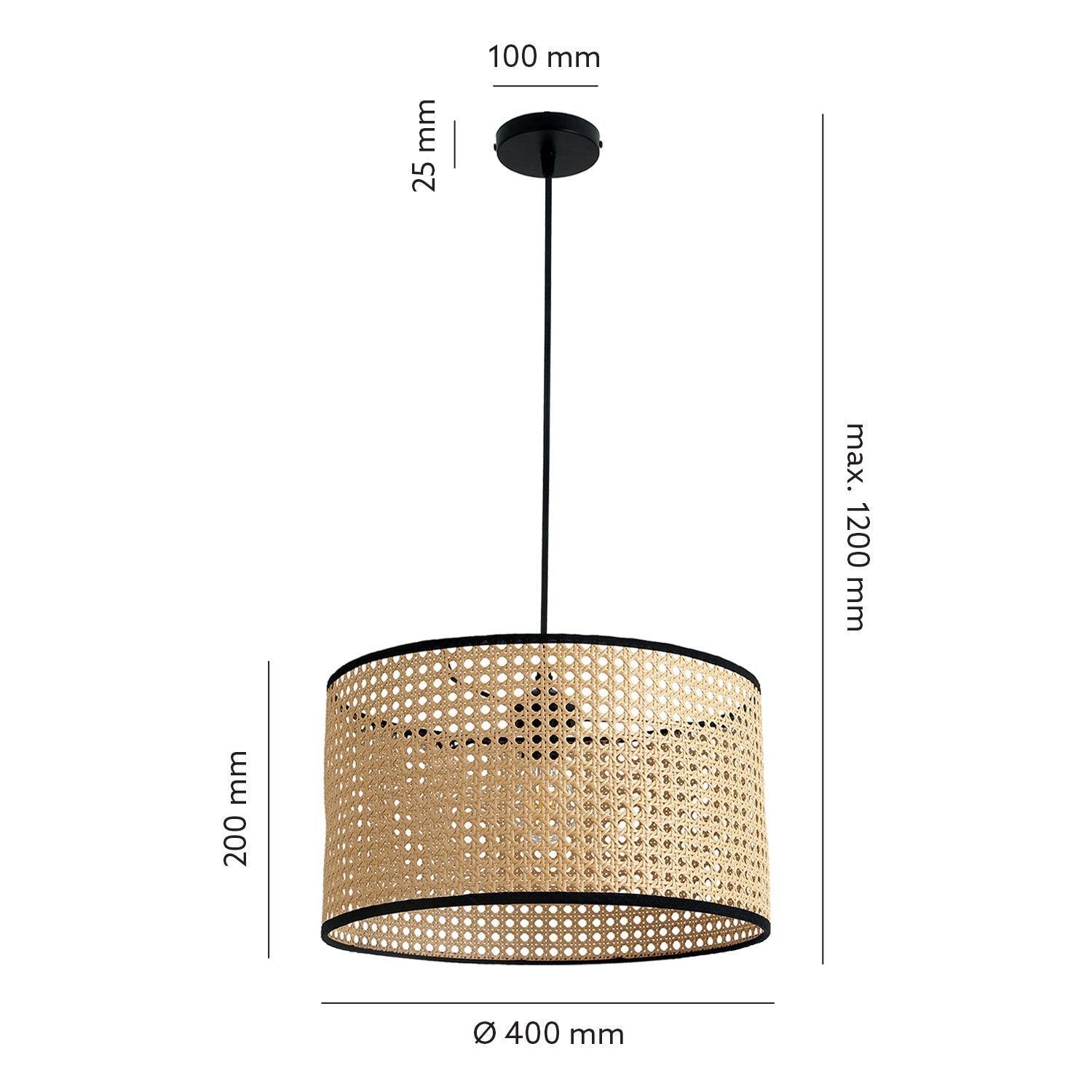 Rattanowa Lampa Wisząca RENNI B Naturalna Abażur STYL BOHO czarne dodatki - LAITICA