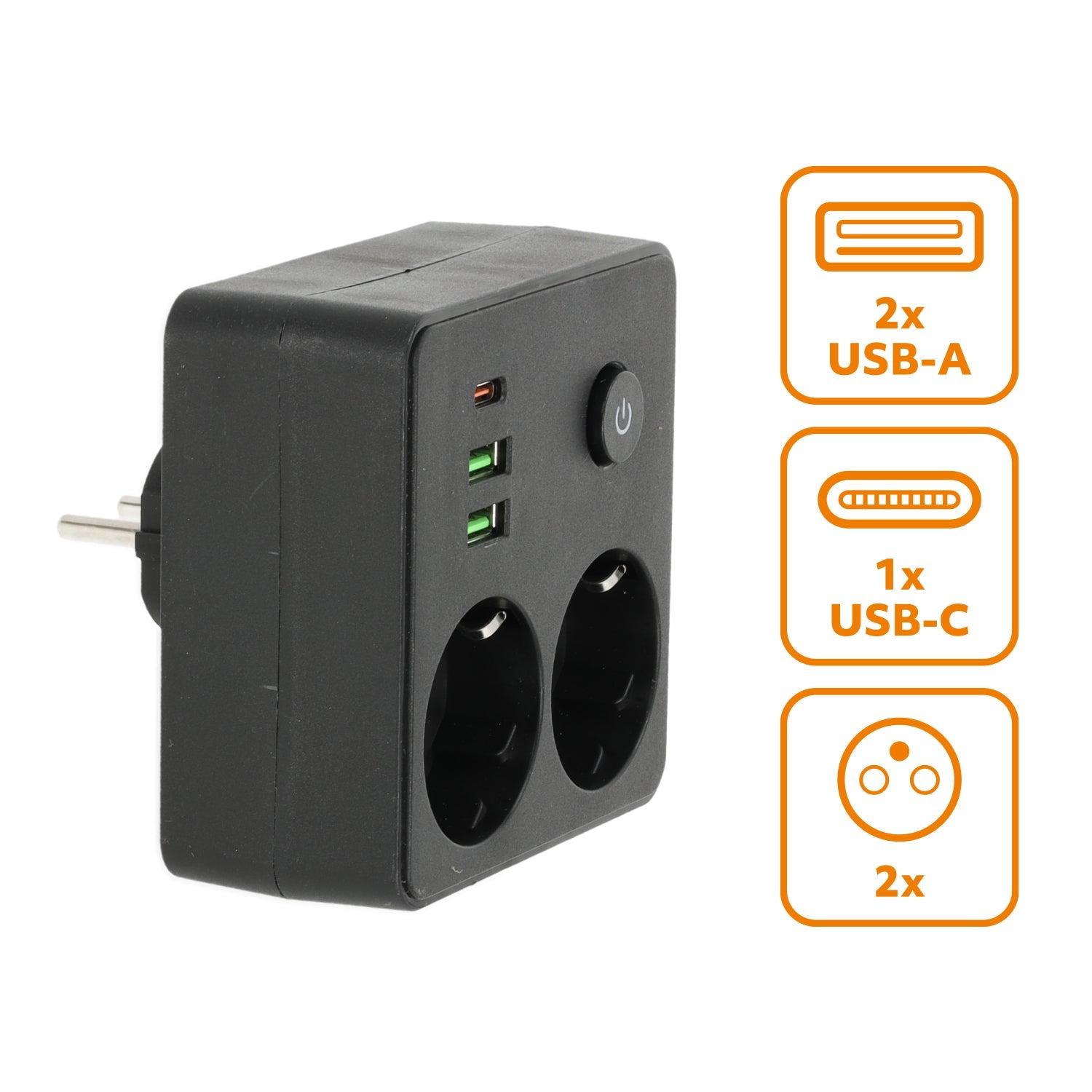 Rozgałęźnik 2 gniazda 230V z USB i USB - C 2500W 10A z wyłącznikiem - LAITICA