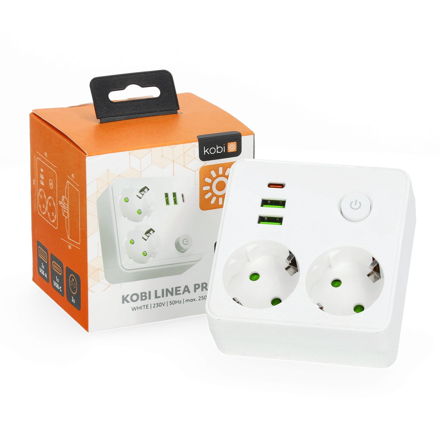 Rozgałęźnik 2 gniazda 230V z USB i USB - C 2500W 10A z wyłącznikiem biały - LAITICA