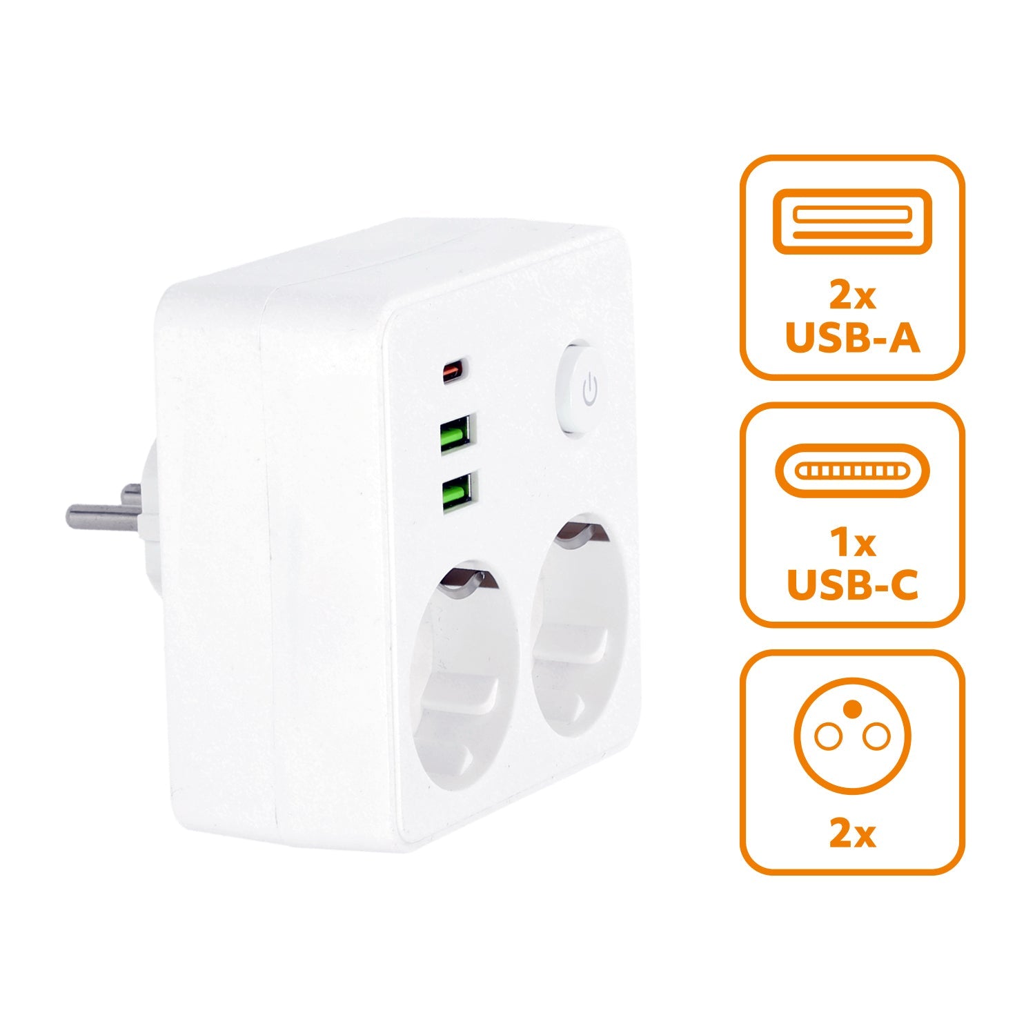 Rozgałęźnik 2 gniazda 230V z USB i USB - C 2500W 10A z wyłącznikiem biały - LAITICA