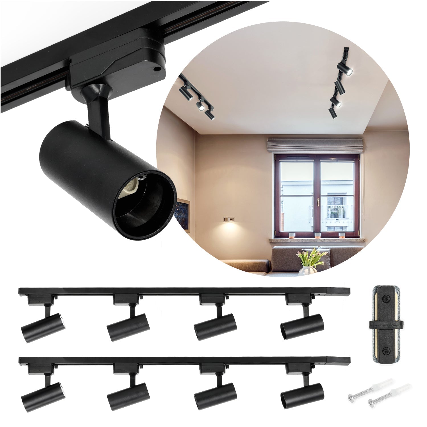 Szynoprzewód Zestaw Szyna 1mx1m + 8x Lampa GU10 LED | Oświetlenie szynowe czarne + łącznik - LAITICA