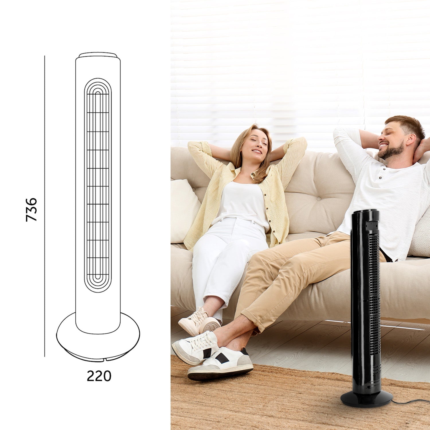 Wentylator kolumnowy NOIR 45W CZARNY stojący 3 PRĘDKOŚCI cichy obrotowy - LAITICA