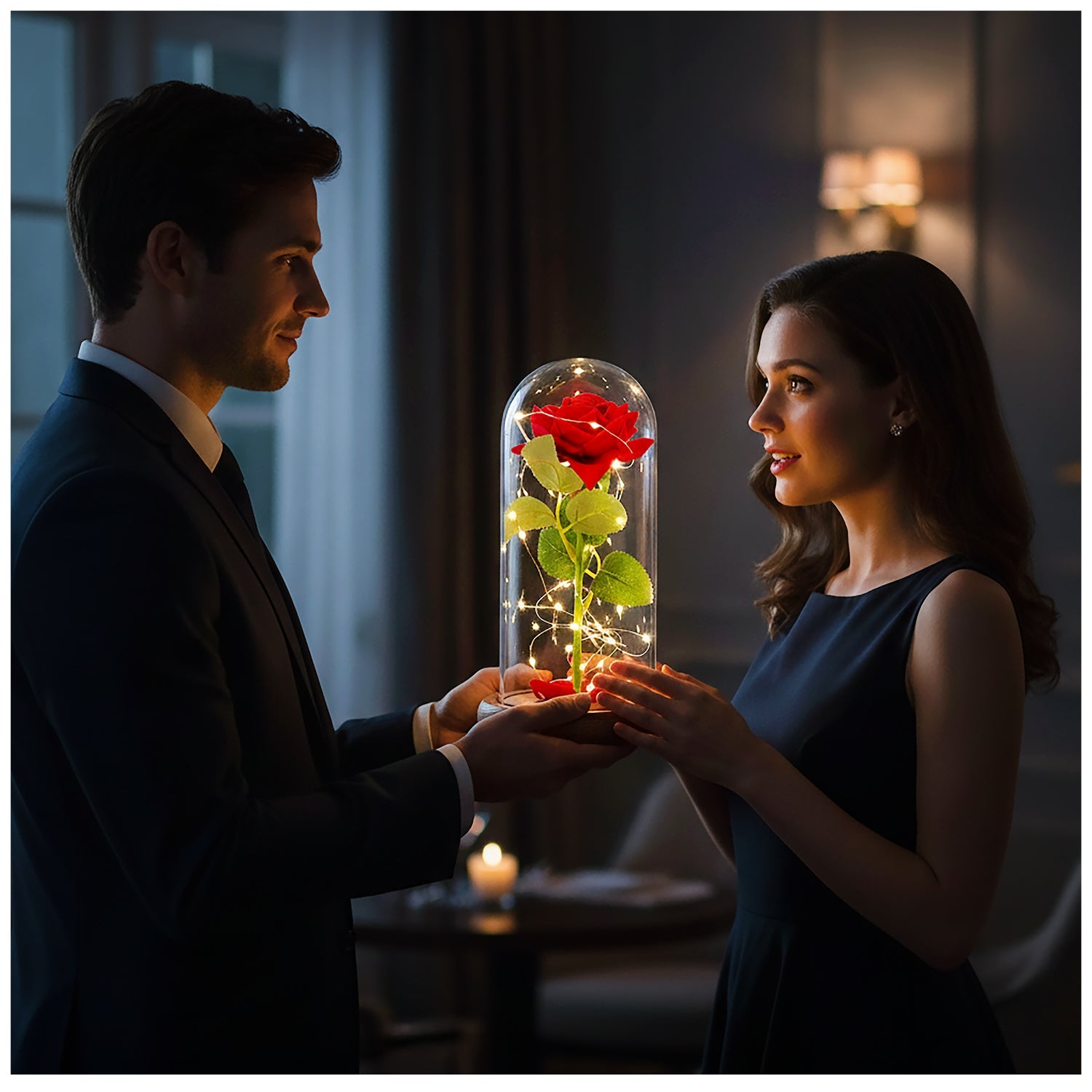 Świecąca wieczna róża LED 25 cm pod szklaną kopułą