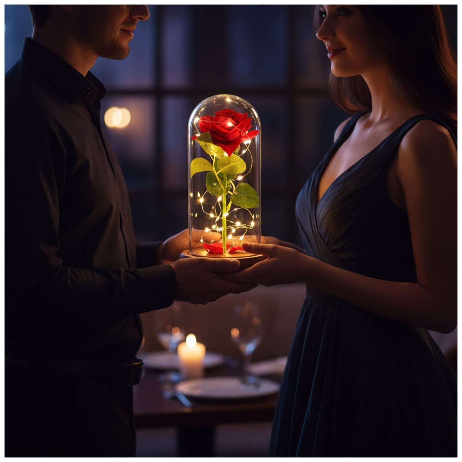 Wieczna róża LED 25 cm w eleganckim szklanym kloszu