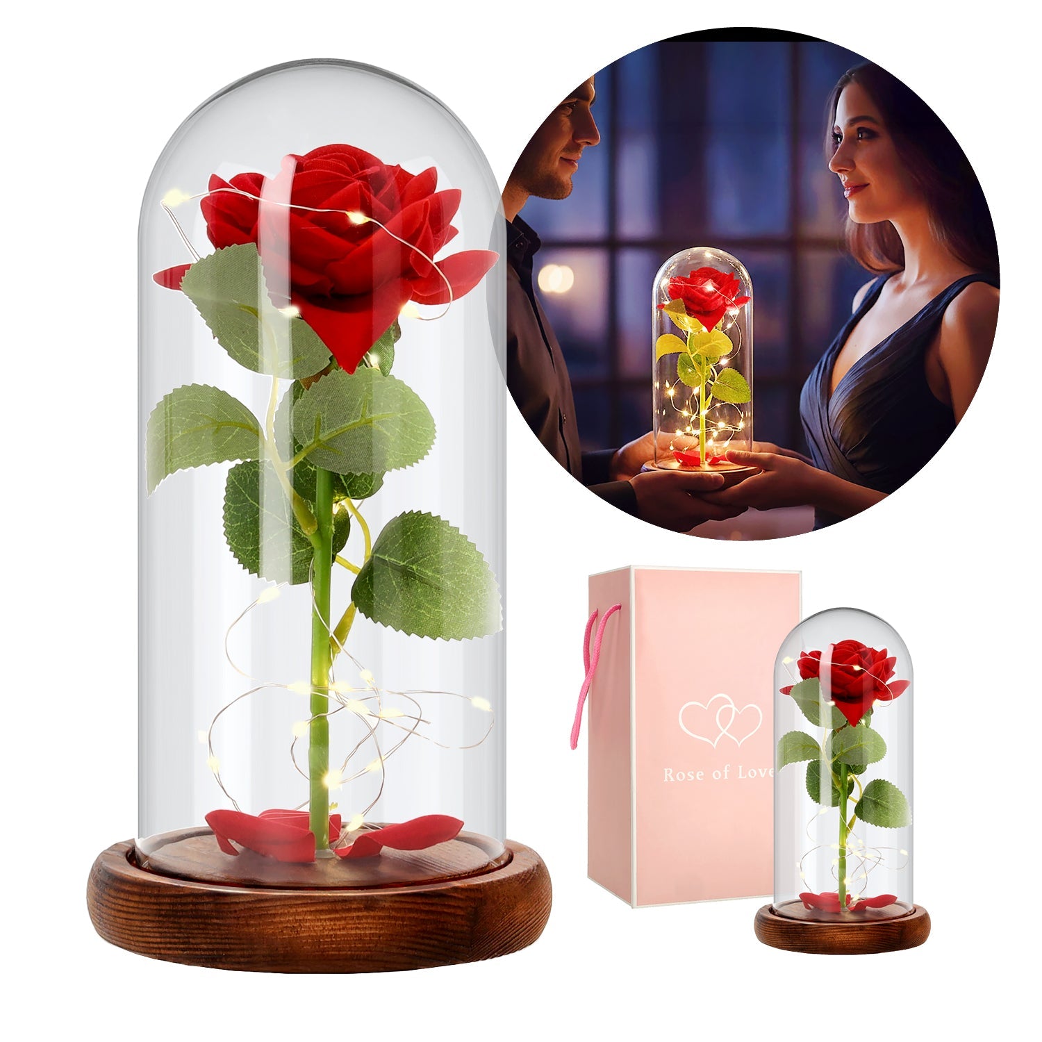 Wieczna róża LED w szkle 25 cm – widok z przodu