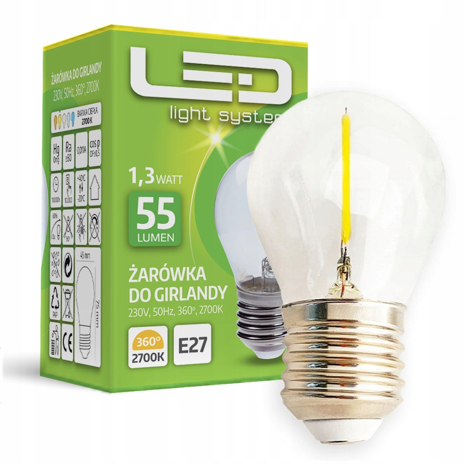 ŻARÓWKA LED E27 moc 1,3W 3000K barwa ciepłobiała Kulka EDISON - LAITICA