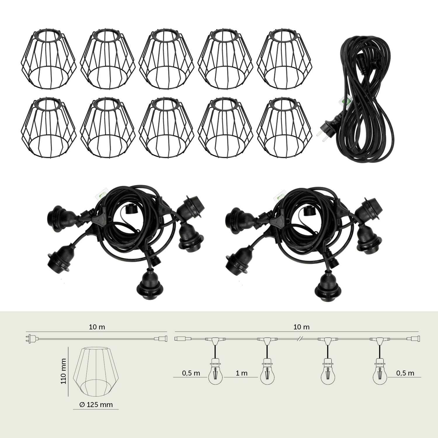 ZESTAW CRETE Girlanda ogrodowa 10m + kabel 10m + 10x klosz czarny D1 - LAITICA
