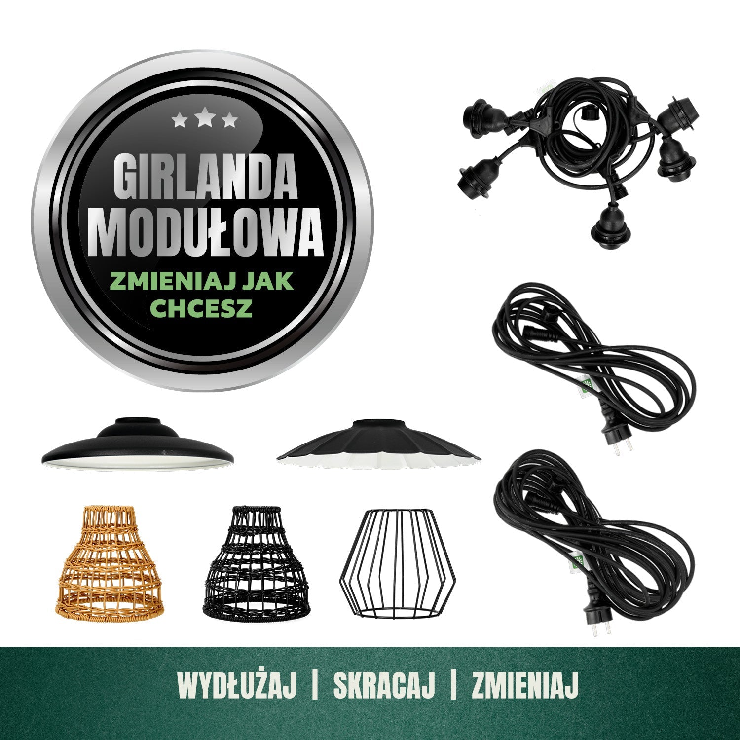 ZESTAW CRETE Girlanda ogrodowa 10m + kabel 10m + 10x klosz czarny M1 - LAITICA