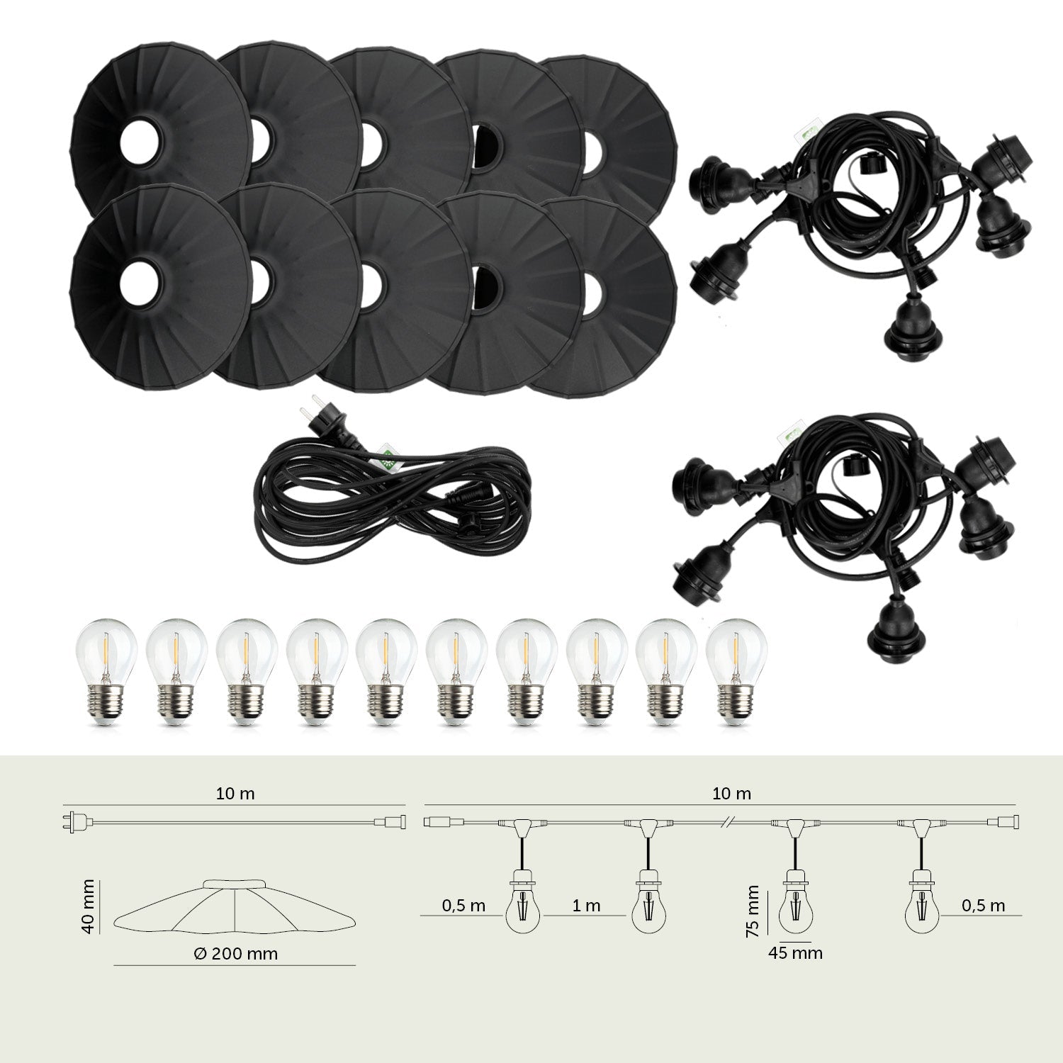 ZESTAW CRETE Girlanda ogrodowa 10m + kabel 10m + 10x klosz czarny M1 +LED - LAITICA