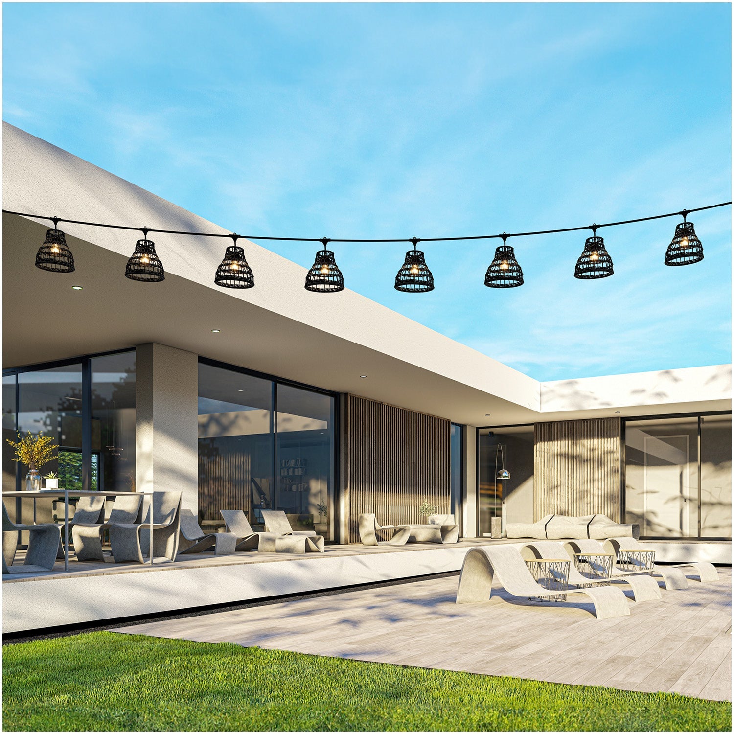 ZESTAW CRETE Girlanda ogrodowa 10m + kabel 10m + 10x klosz czarny R2 - LAITICA