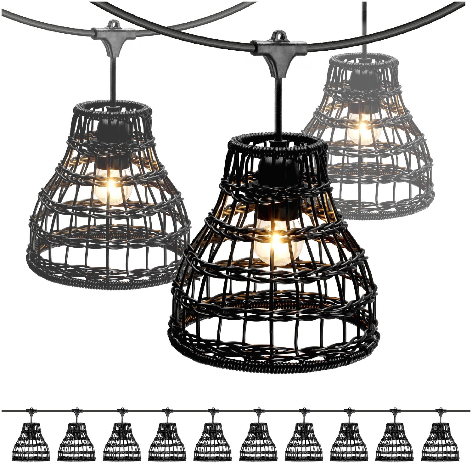 ZESTAW CRETE Girlanda ogrodowa 10m + kabel 10m + 10x klosz czarny R2 - LAITICA