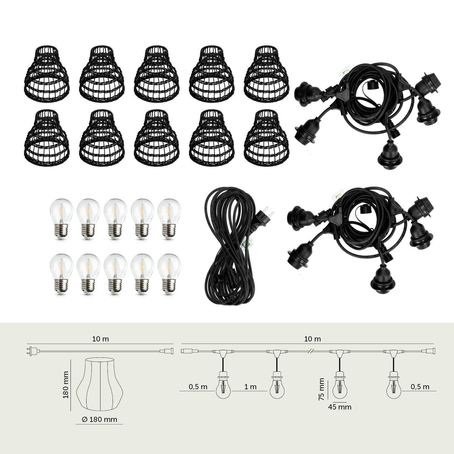 ZESTAW CRETE Girlanda ogrodowa 10m + kabel 10m + 10x klosz czarny R2 +LED - LAITICA