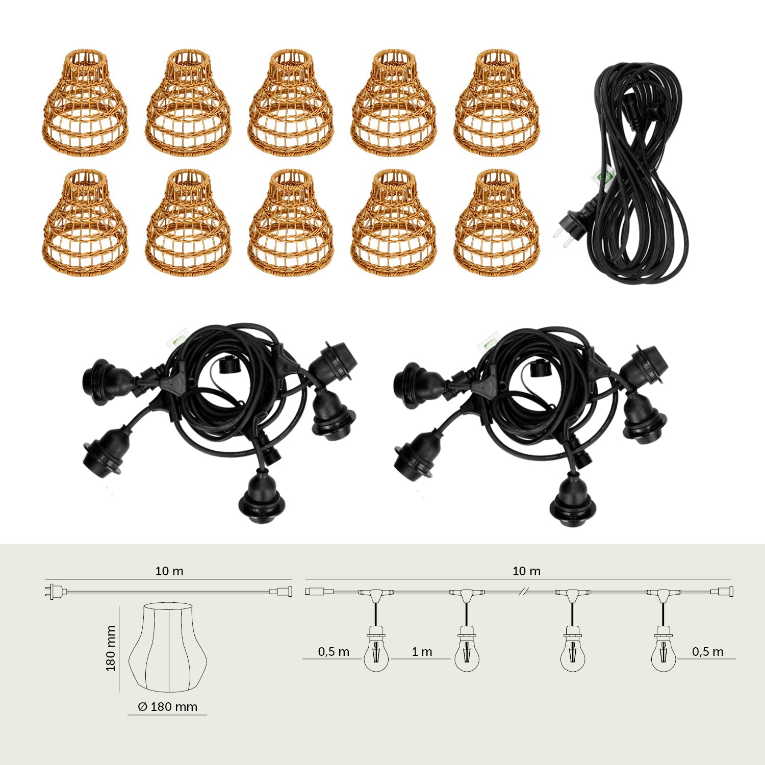 ZESTAW CRETE Girlanda ogrodowa 10m + kabel 10m + 10x klosz R1 - LAITICA