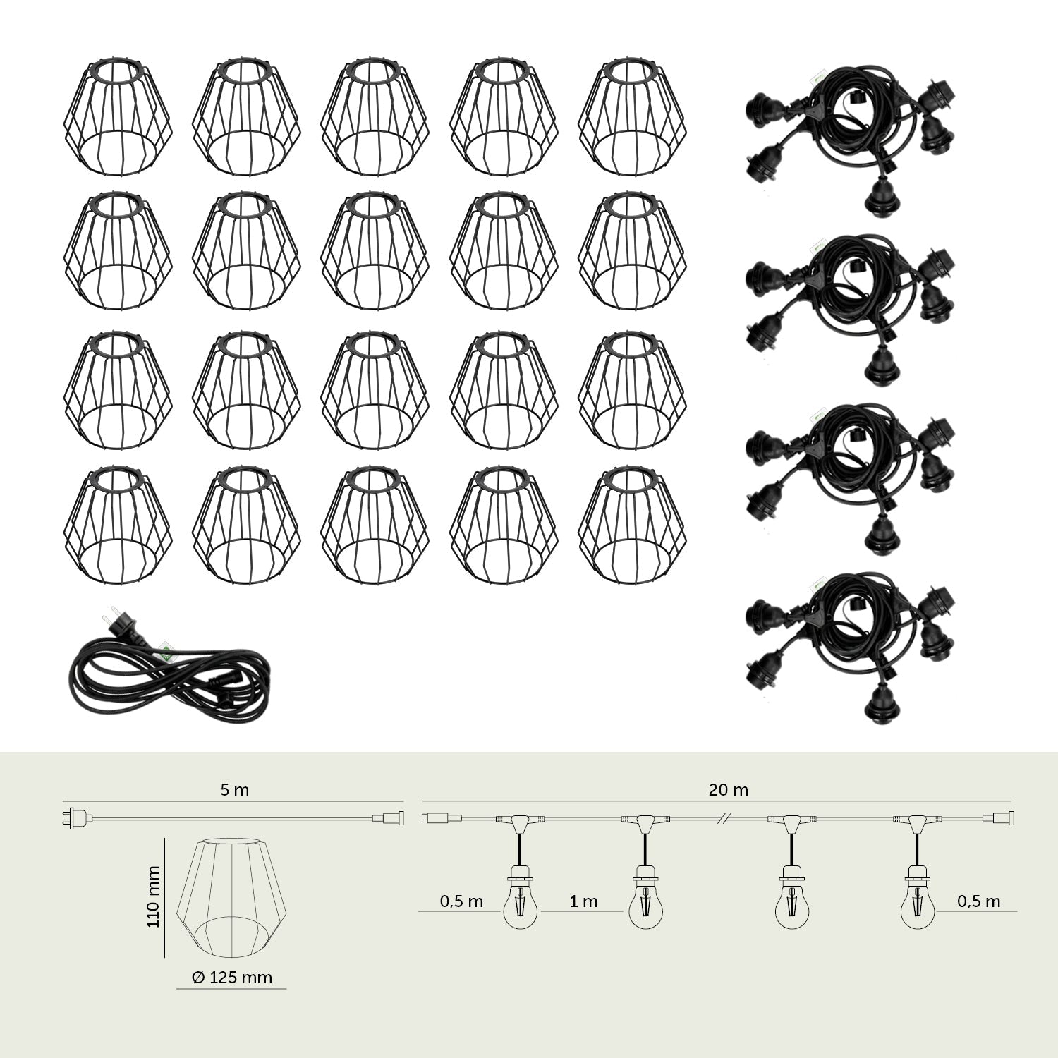 ZESTAW CRETE Girlanda ogrodowa 20m + kabel 5m + 20x klosz czarny D1 - LAITICA