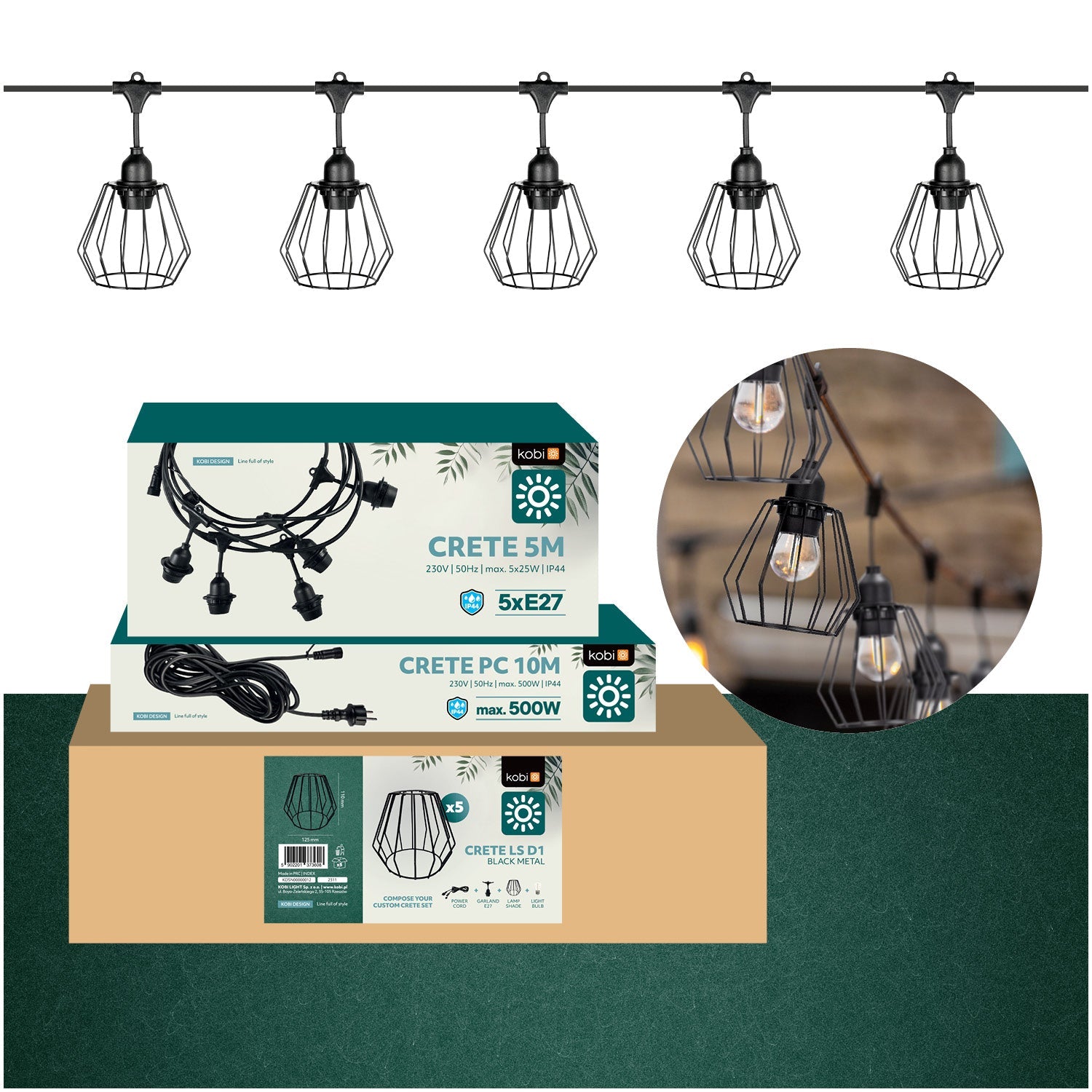 ZESTAW CRETE Girlanda ogrodowa 5m + kabel 10m + 5x klosz czarny D1 - LAITICA