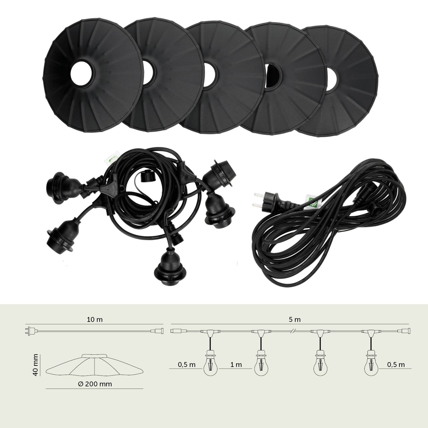ZESTAW CRETE Girlanda ogrodowa 5m + kabel 10m + 5x klosz czarny M1 - LAITICA