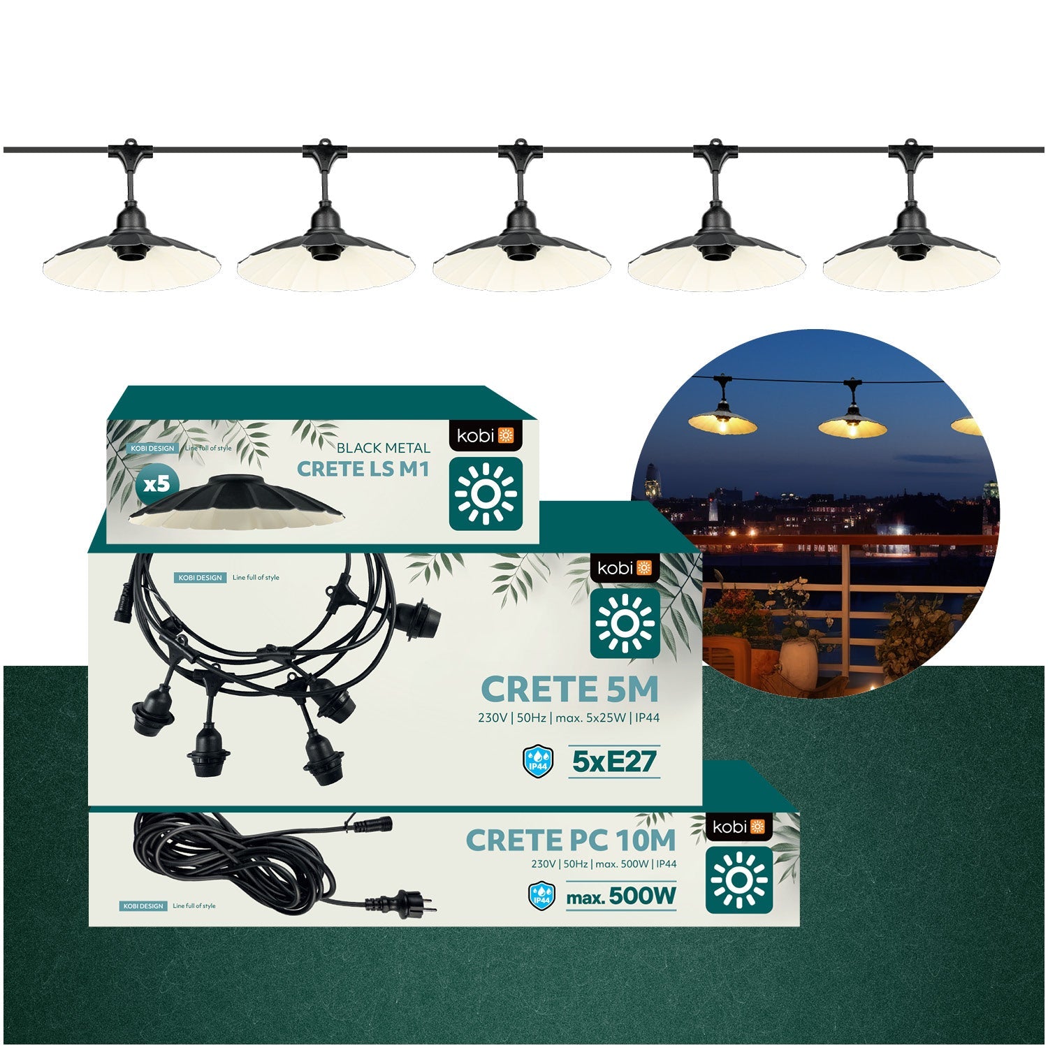 ZESTAW CRETE Girlanda ogrodowa 5m + kabel 10m + 5x klosz czarny M1 - LAITICA