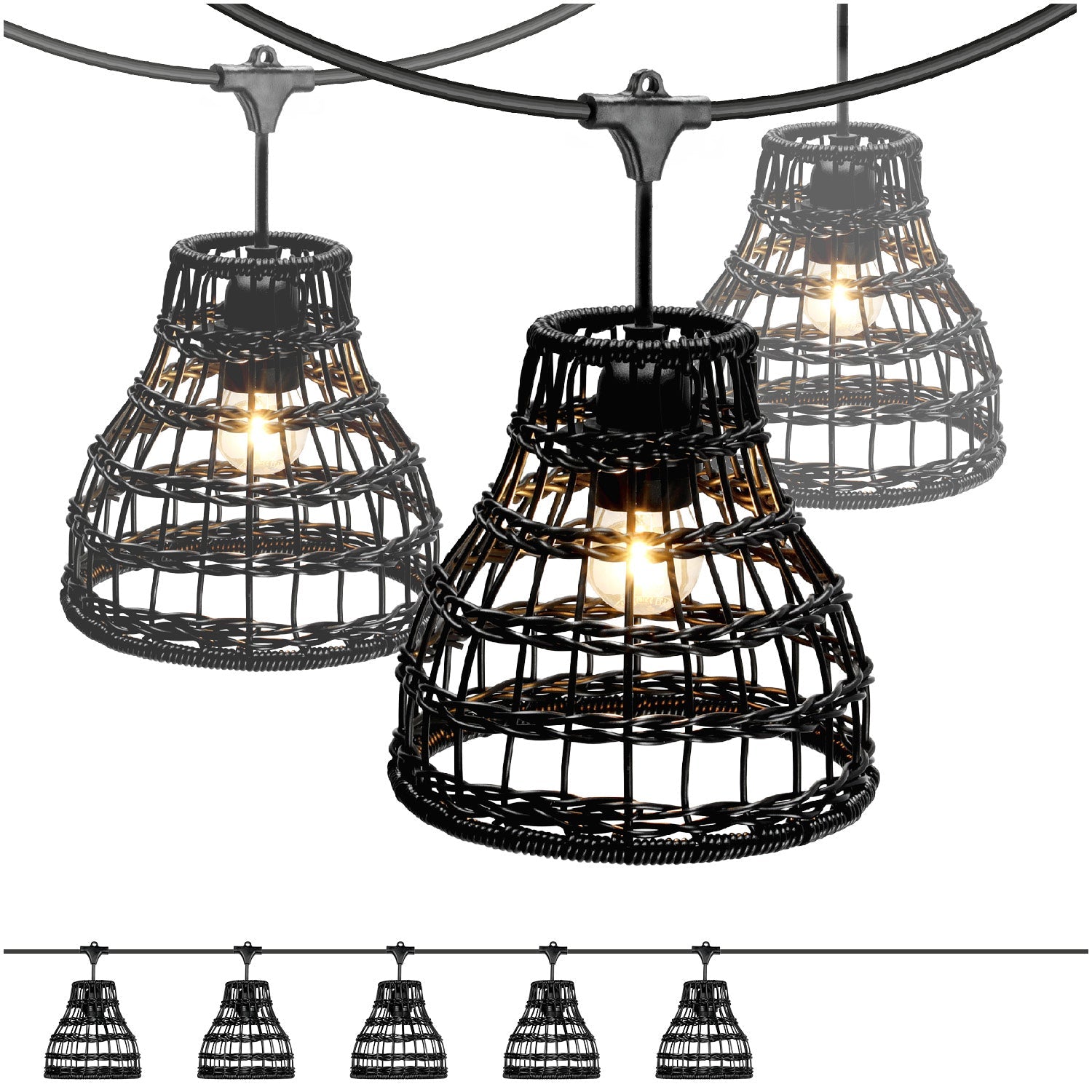 ZESTAW CRETE Girlanda ogrodowa 5m + kabel 10m + 5x klosz czarny R2 - LAITICA