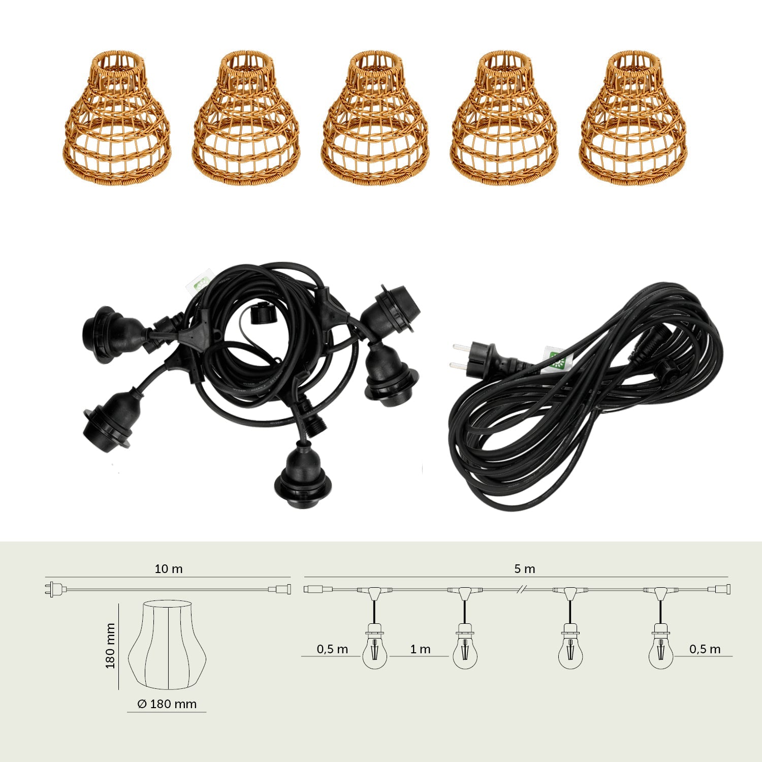 ZESTAW CRETE Girlanda ogrodowa 5m + kabel 10m + 5x klosz R1 - LAITICA