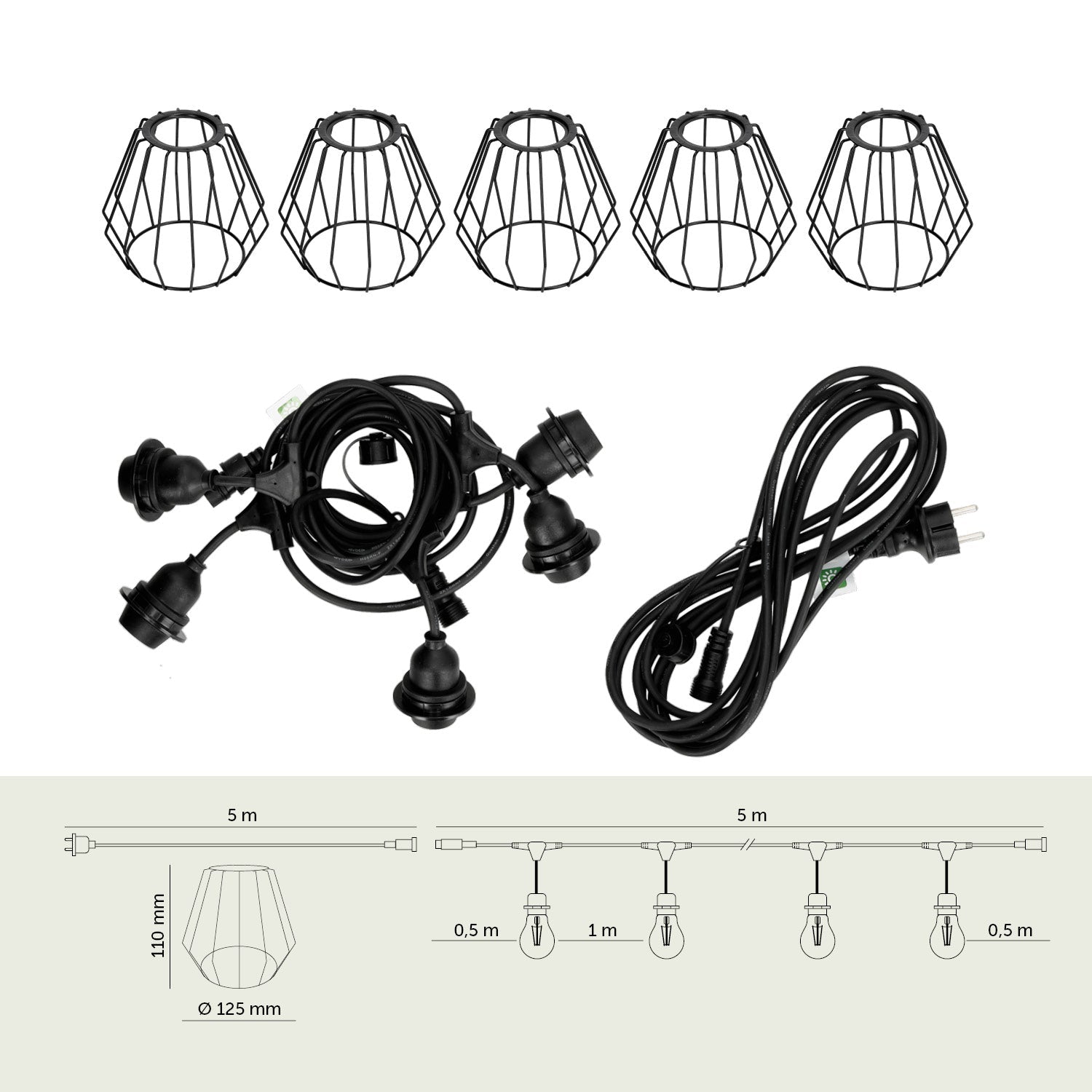 ZESTAW CRETE Girlanda ogrodowa 5m + kabel 5m + 5x klosz czarny D1 - LAITICA