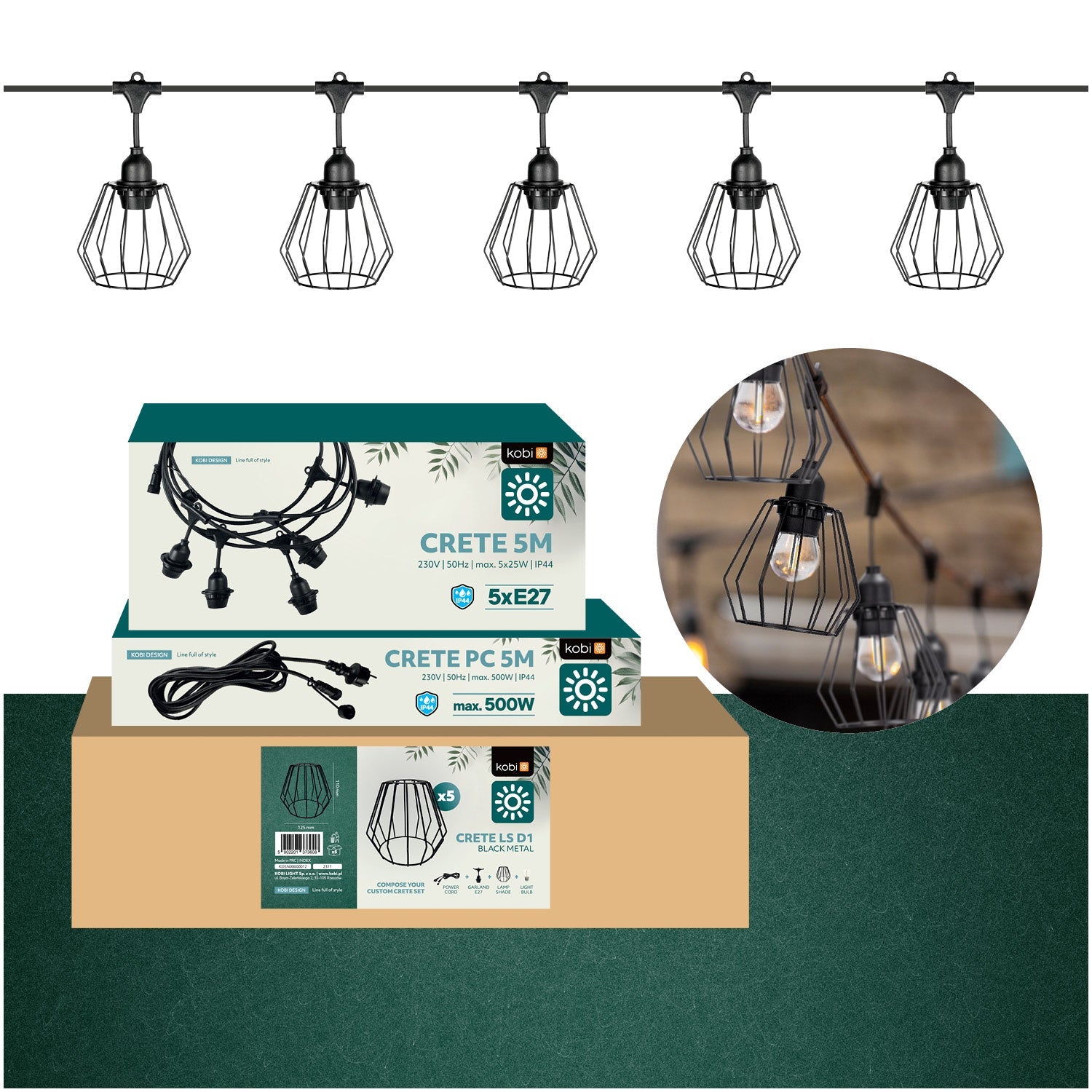 ZESTAW CRETE Girlanda ogrodowa 5m + kabel 5m + 5x klosz czarny D1 - LAITICA