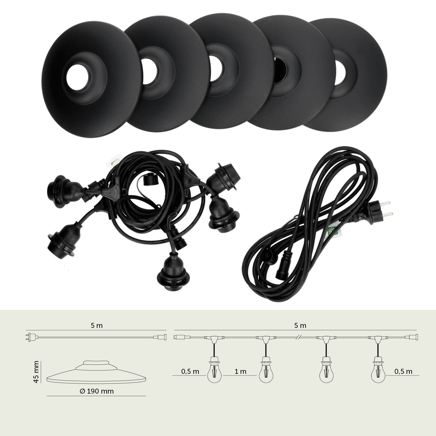 ZESTAW CRETE Girlanda ogrodowa 5m + kabel 5m + 5x klosz czarny M2 - LAITICA