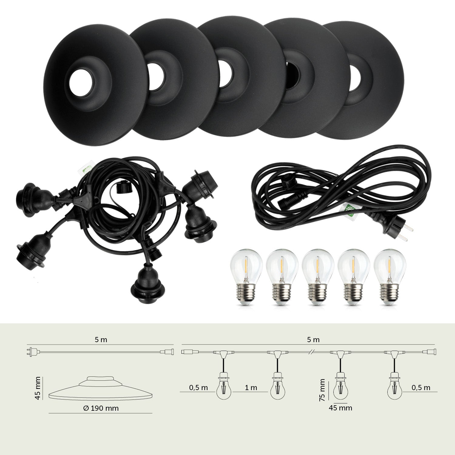 ZESTAW CRETE Girlanda ogrodowa 5m + kabel 5m + 5x klosz czarny M2 + żarówki - LAITICA