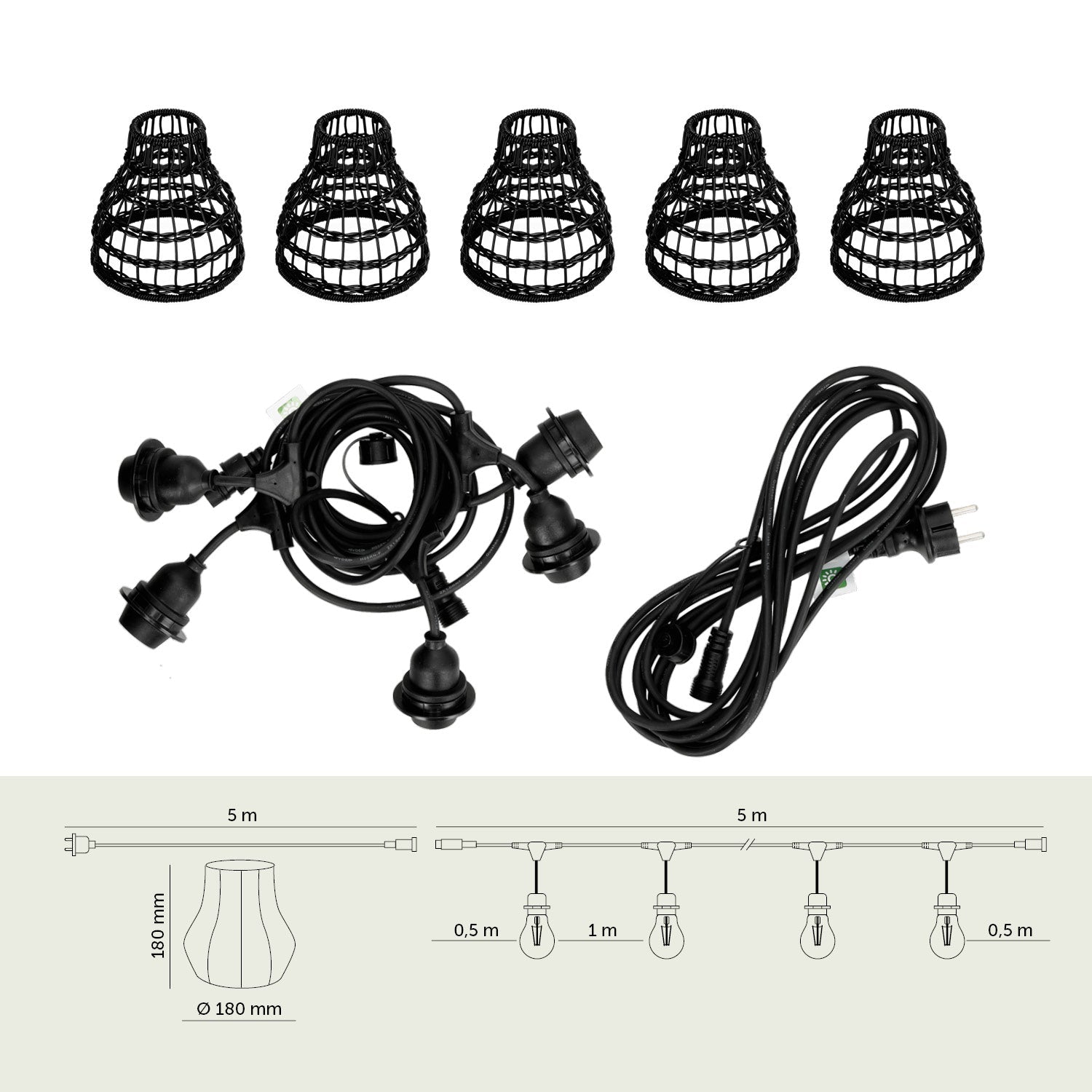ZESTAW CRETE Girlanda ogrodowa 5m + kabel 5m + 5x klosz czarny R2 - LAITICA