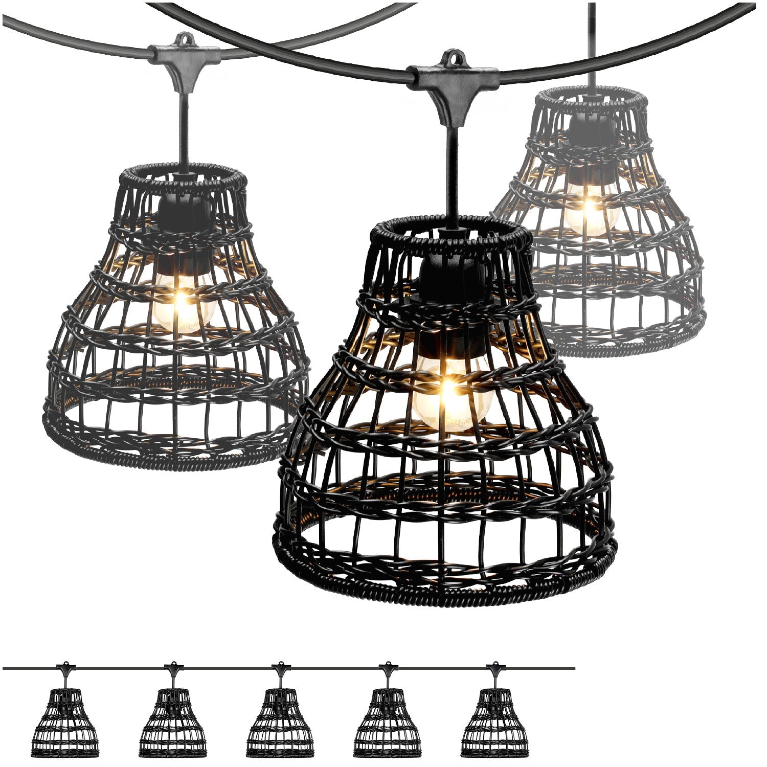 ZESTAW CRETE Girlanda ogrodowa 5m + kabel 5m + 5x klosz czarny R2 - LAITICA