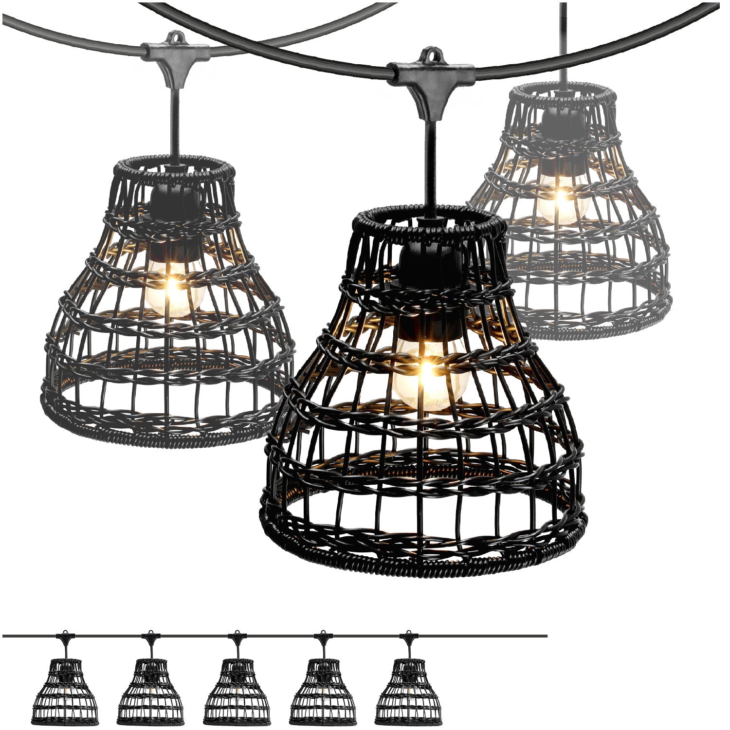 ZESTAW CRETE Girlanda ogrodowa 5m + kabel 5m + 5x klosz czarny R2 + żarówki - LAITICA