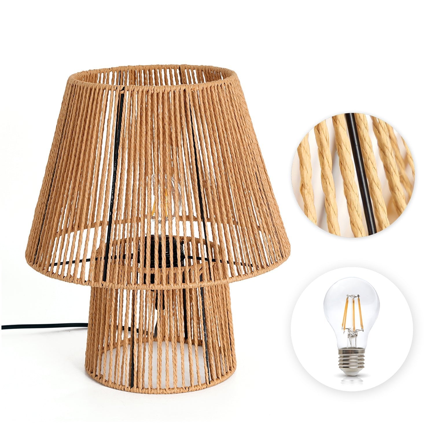 Zestaw Lampa Boho Stołowa Sznur i Metal Nocna + Żarówka 7W E27 Barwa Ciepła - LAITICA