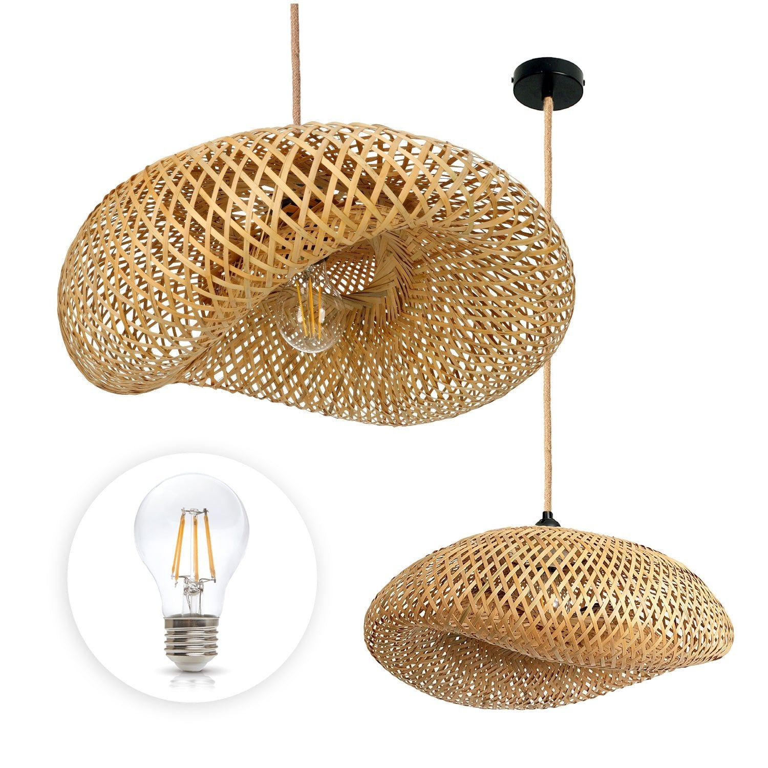 Zestaw Lampa Wisząca Boho BAMBUSOWA Naturalna + Żarówka 7W E27 Barwa Ciepła - LAITICA