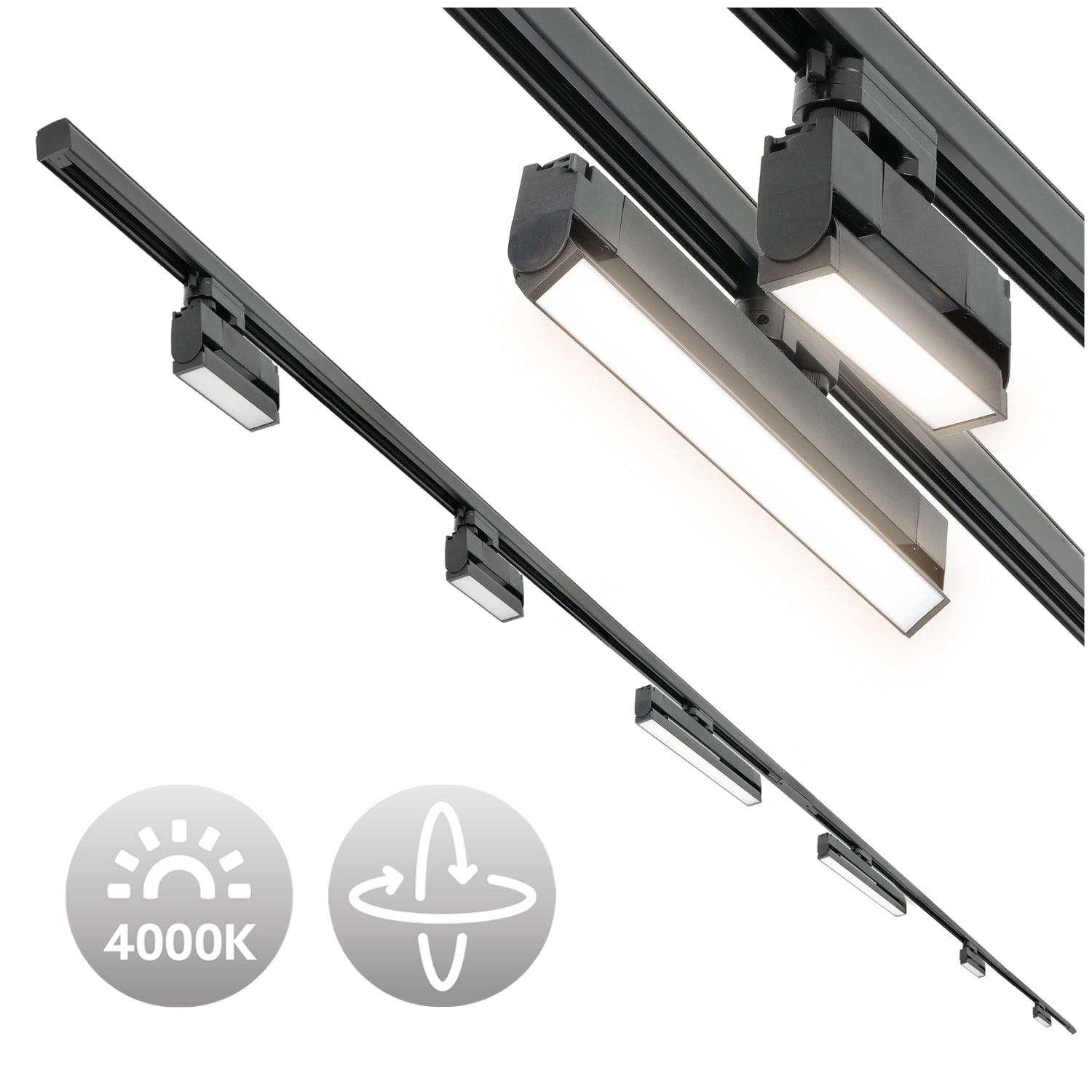 Zestaw Szynowy 3 fazowy 2x szyna 2m + łącznik prosty + 2x lamp FLEX 36W + 4x lamp 12W zasilanie + zaślepka CZARNY - LAITICA