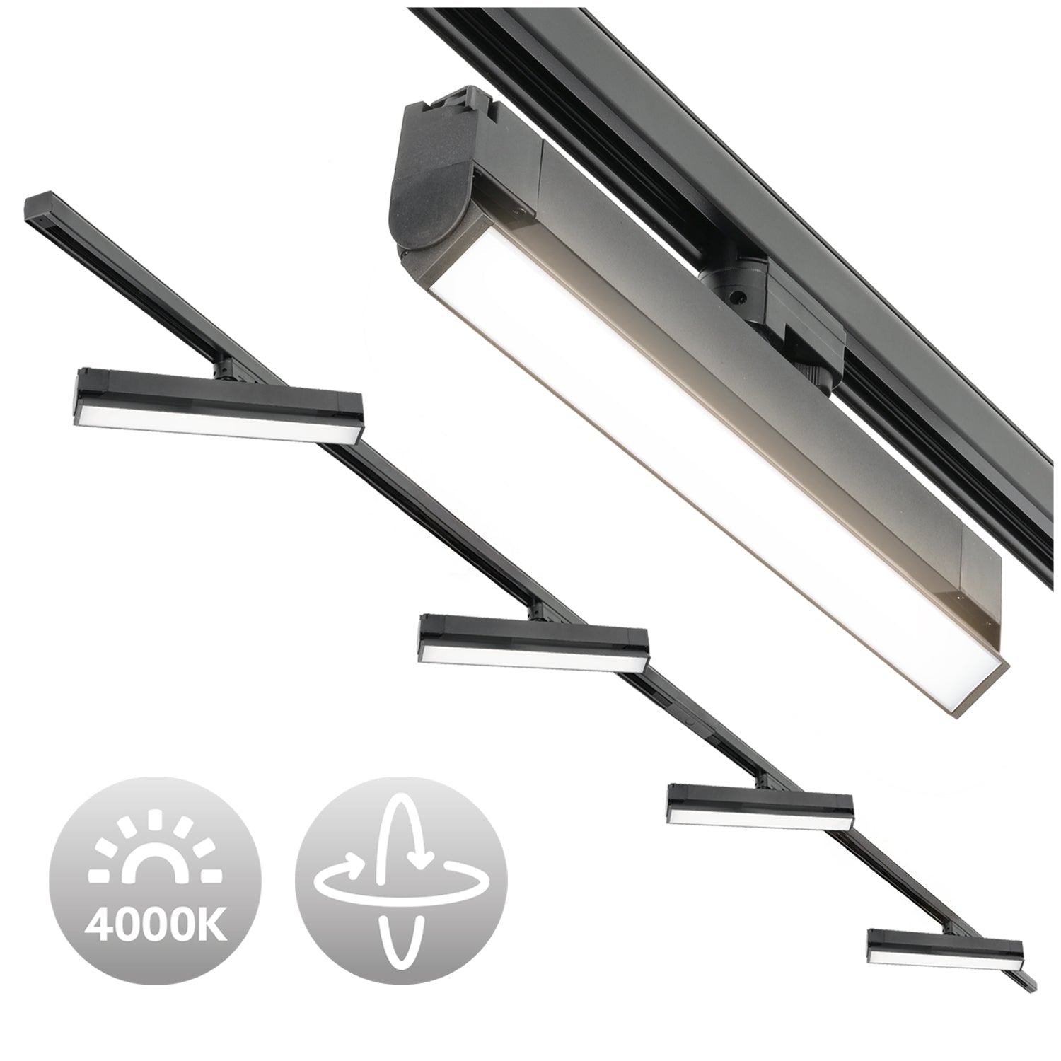 Zestaw Szynowy 3 fazowy 2x szyna 2m + łącznik prosty + 4x lamp FLEX 36W + zasilanie + zaślepka CZARNY - LAITICA