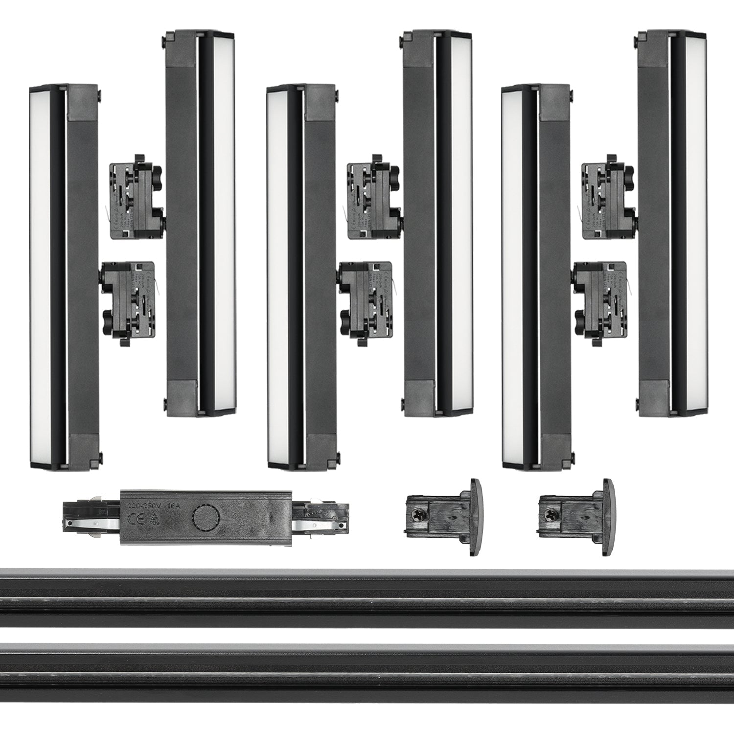 Zestaw Szynowy 3 fazowy 2x szyna 2m + łącznik prosty + 6x lamp FLEX 36W + zasilanie + zaślepka CZARNY - LAITICA