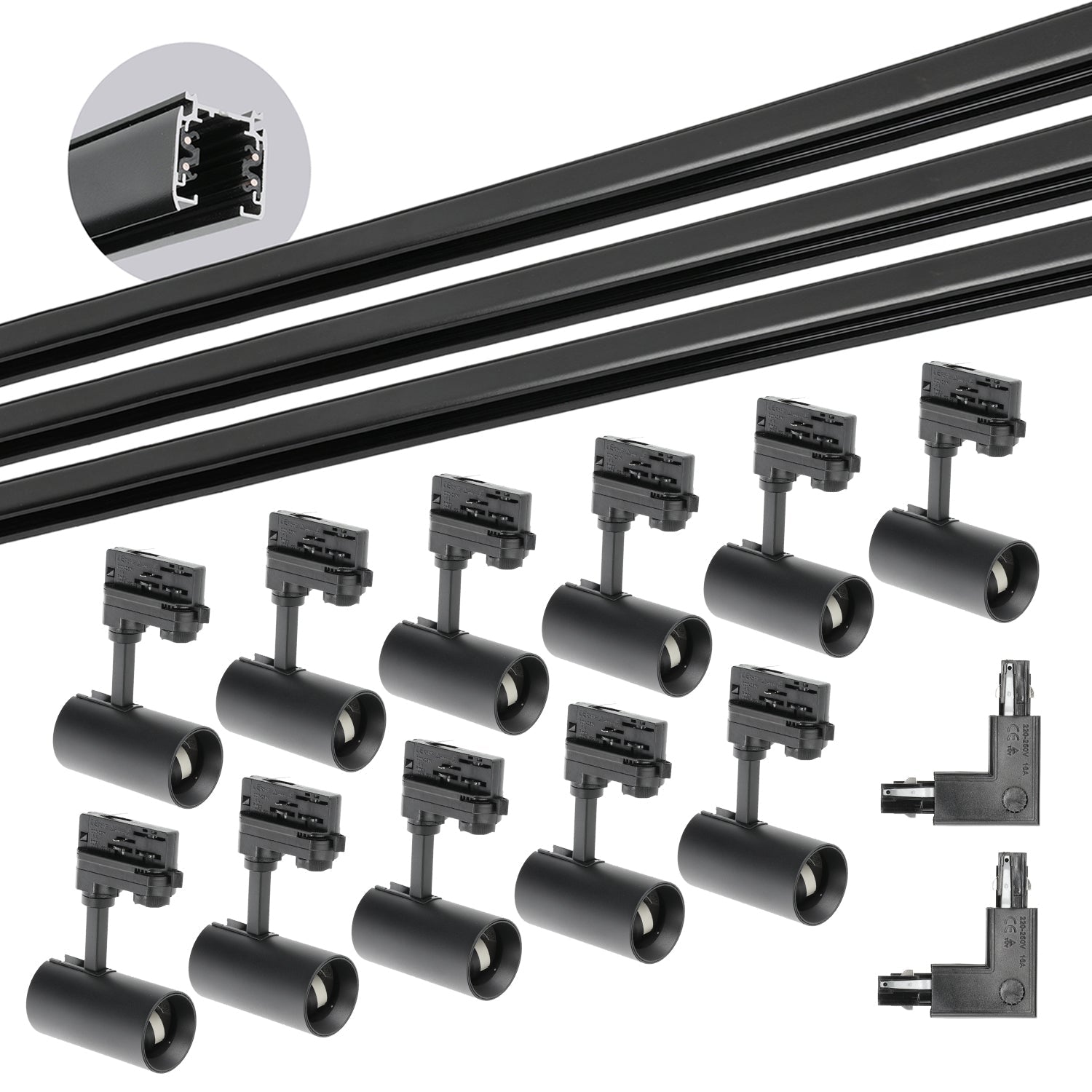 Zestaw Szynowy 3 Fazowy 3x szyna 1m, 2x Łącznik L, 11x Lampa GU10 CZARNY - LAITICA