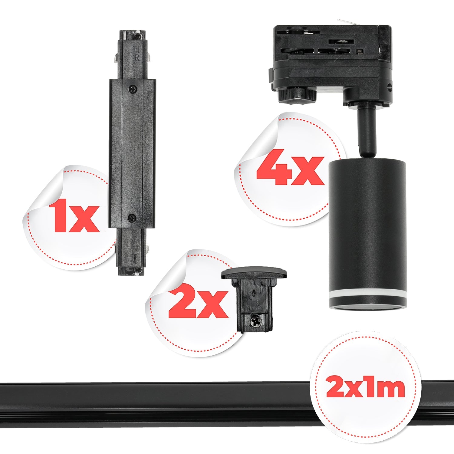 Zestaw Szynowy 3 FAZOWY 4x Lampa na GU10 + 2x Szyna 1m + Łącznik I CZARNY - LAITICA