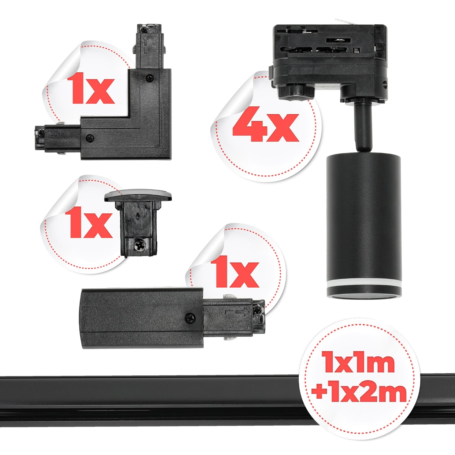 Zestaw Szynowy 3 FAZOWY 4x Lampa na GU10 + Szyna 1m+2m + Łącznik L CZARNY - LAITICA