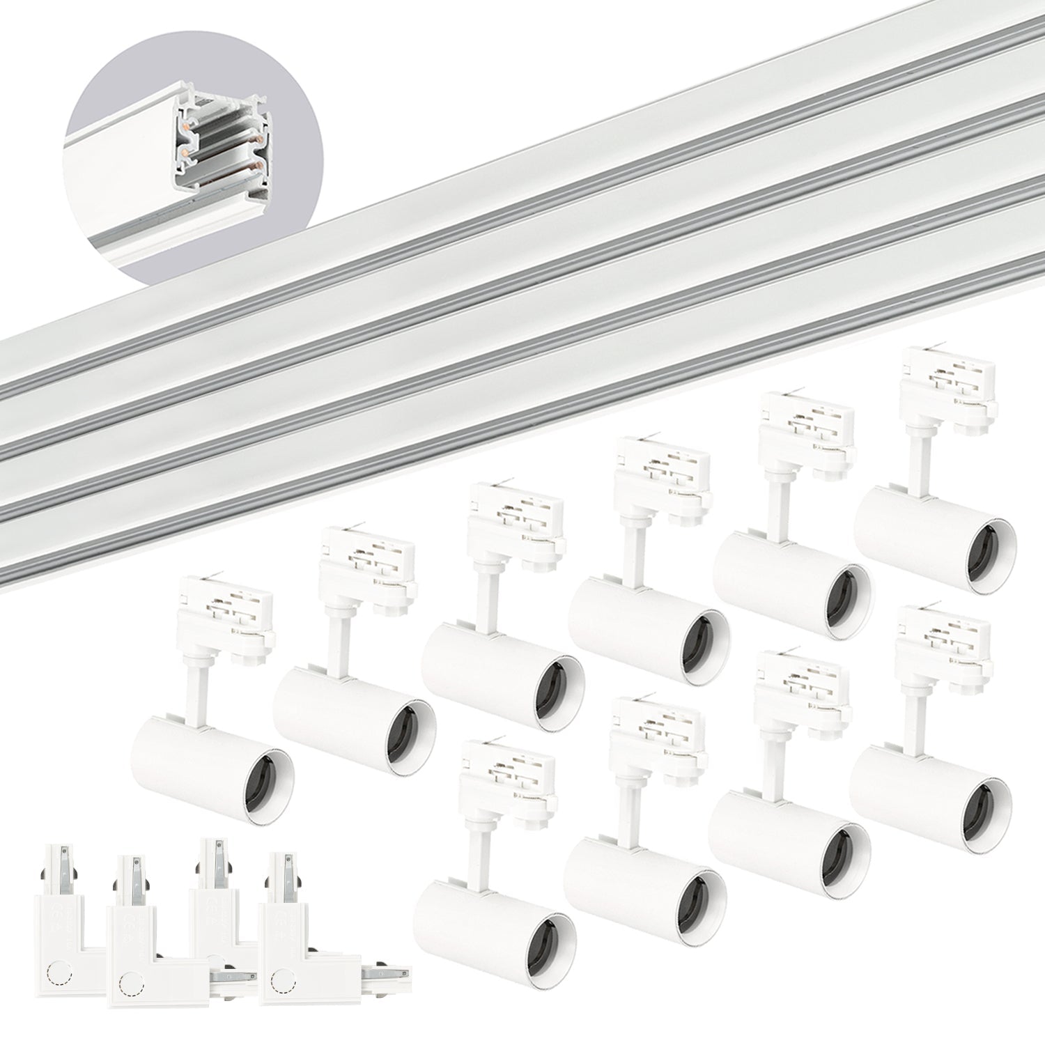 Zestaw Szynowy 3 Fazowy 4x szyna 1m, 4x Łącznik L, 10x Lampa GU10 BIAŁY - LAITICA
