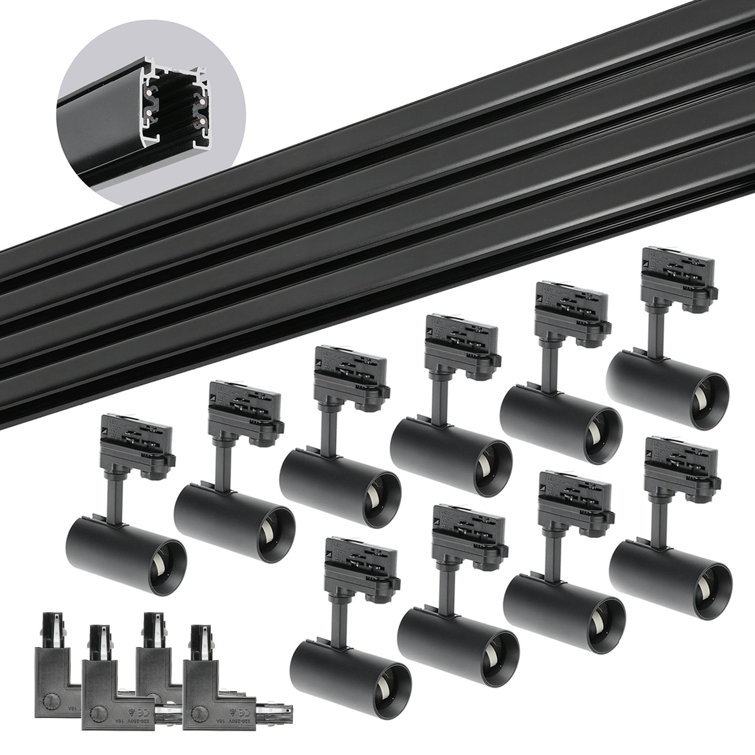 Zestaw Szynowy 3 Fazowy 4x szyna 1m, 4x Łącznik L, 10x Lampa GU10 CZARNY - LAITICA