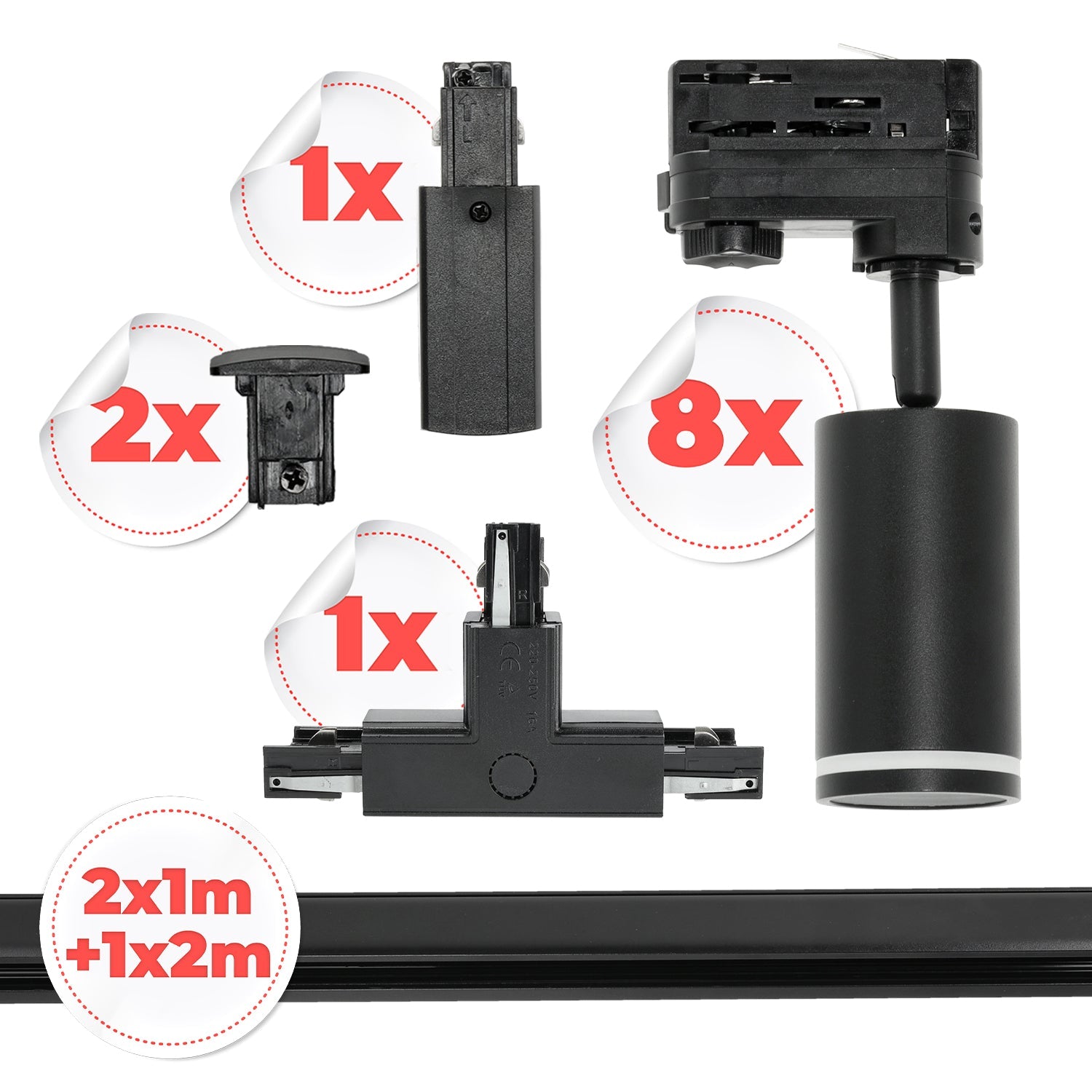 Zestaw Szynowy 3 FAZOWY 8x Lampa na GU10 +Szyna 1m+1m+2m + Łącznik T CZARNY - LAITICA