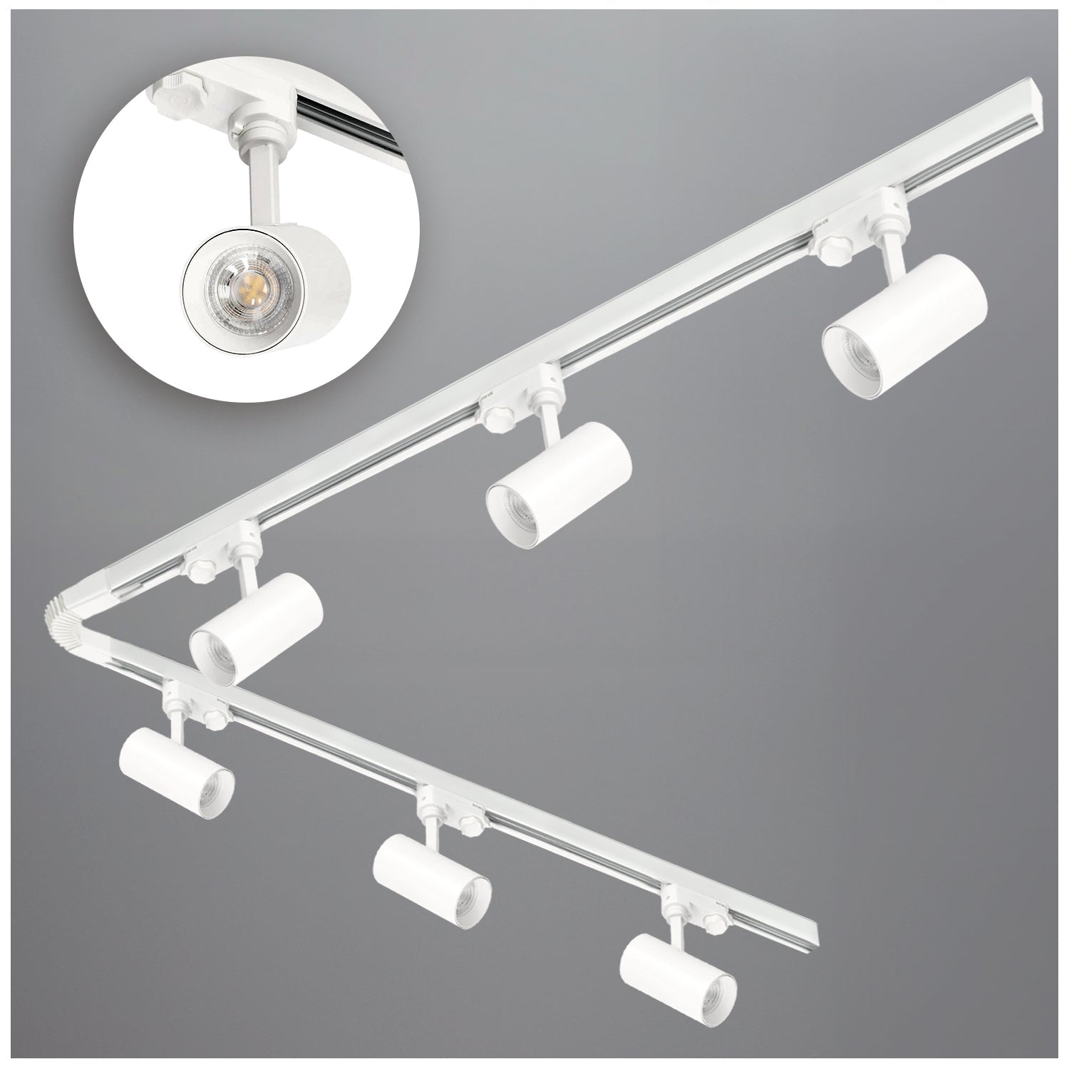 Zestaw szynowy 3 fazowy BIAŁY 2x szyna 2m, 6x Reflektor GU10, Łącznik F - LAITICA