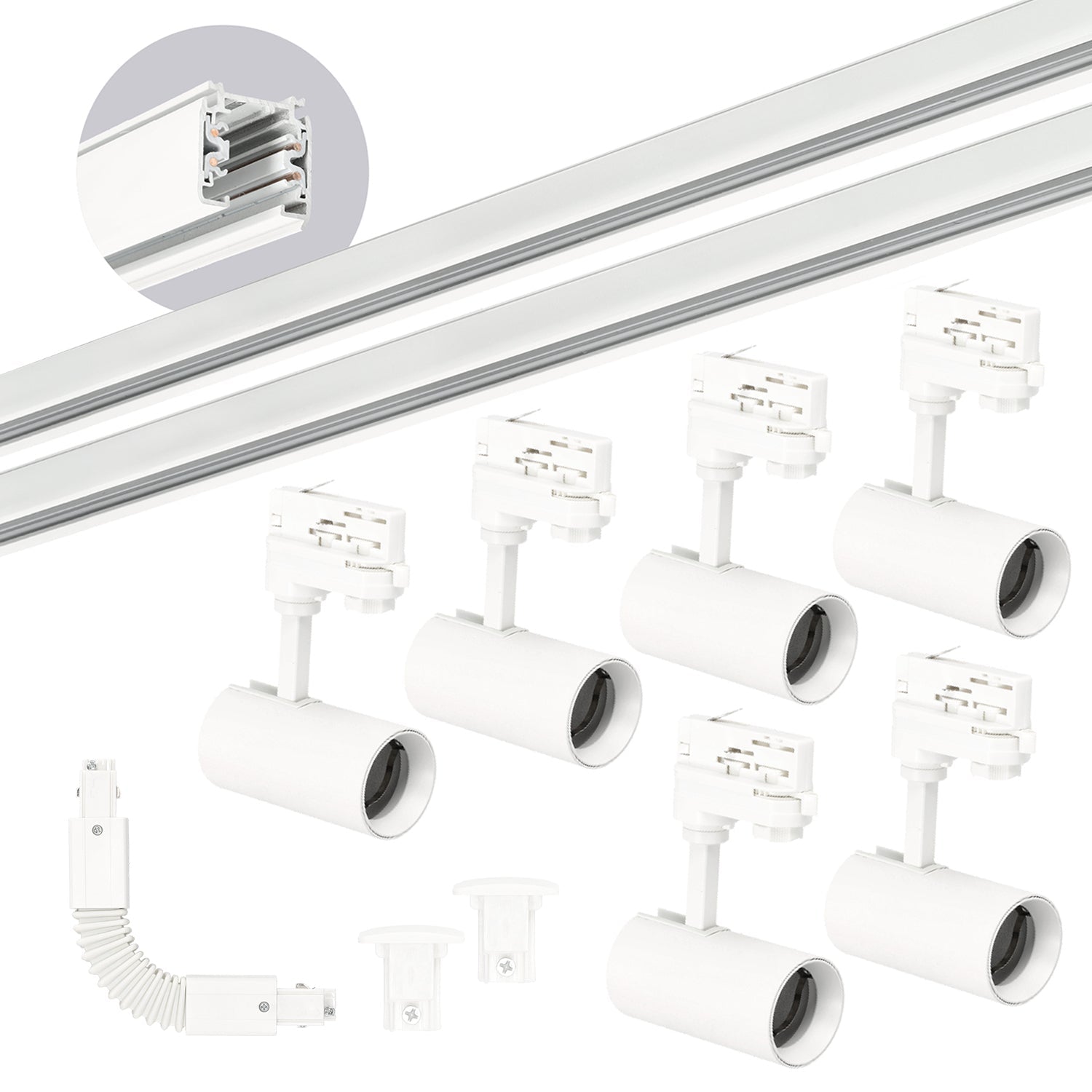 Zestaw szynowy 3 fazowy BIAŁY 2x szyna 2m, 6x Reflektor GU10, Łącznik F - LAITICA