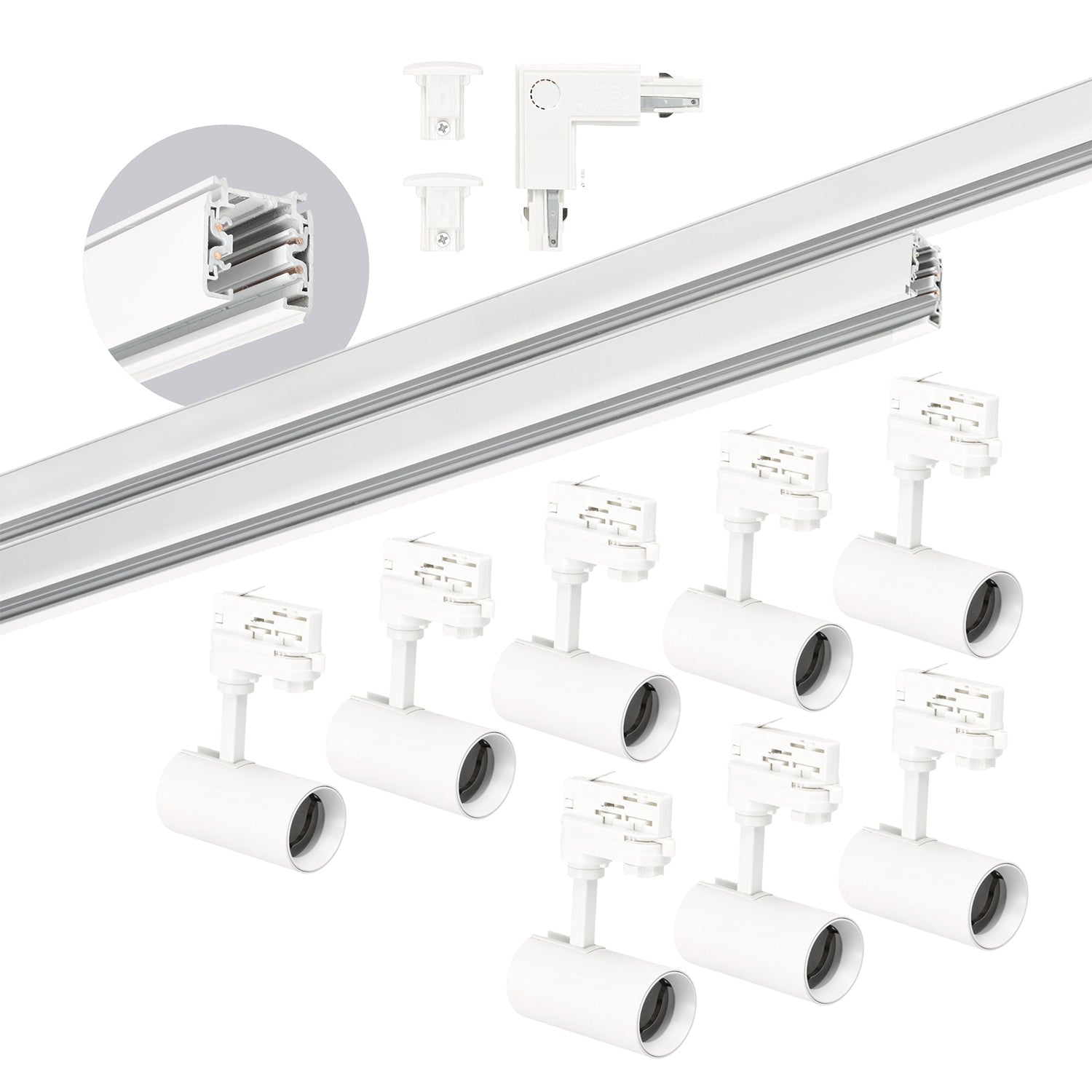 Zestaw szynowy 3 fazowy BIAŁY Szyna 1m+2m, 8x Reflektor GU10, Łącznik L - LAITICA