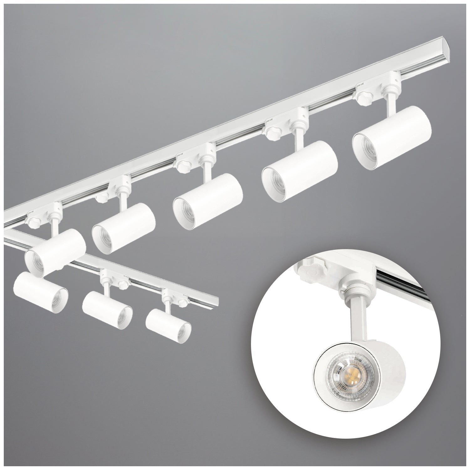 Zestaw szynowy 3 fazowy BIAŁY Szyna 1m+2m, 8x Reflektor GU10, Łącznik L - LAITICA